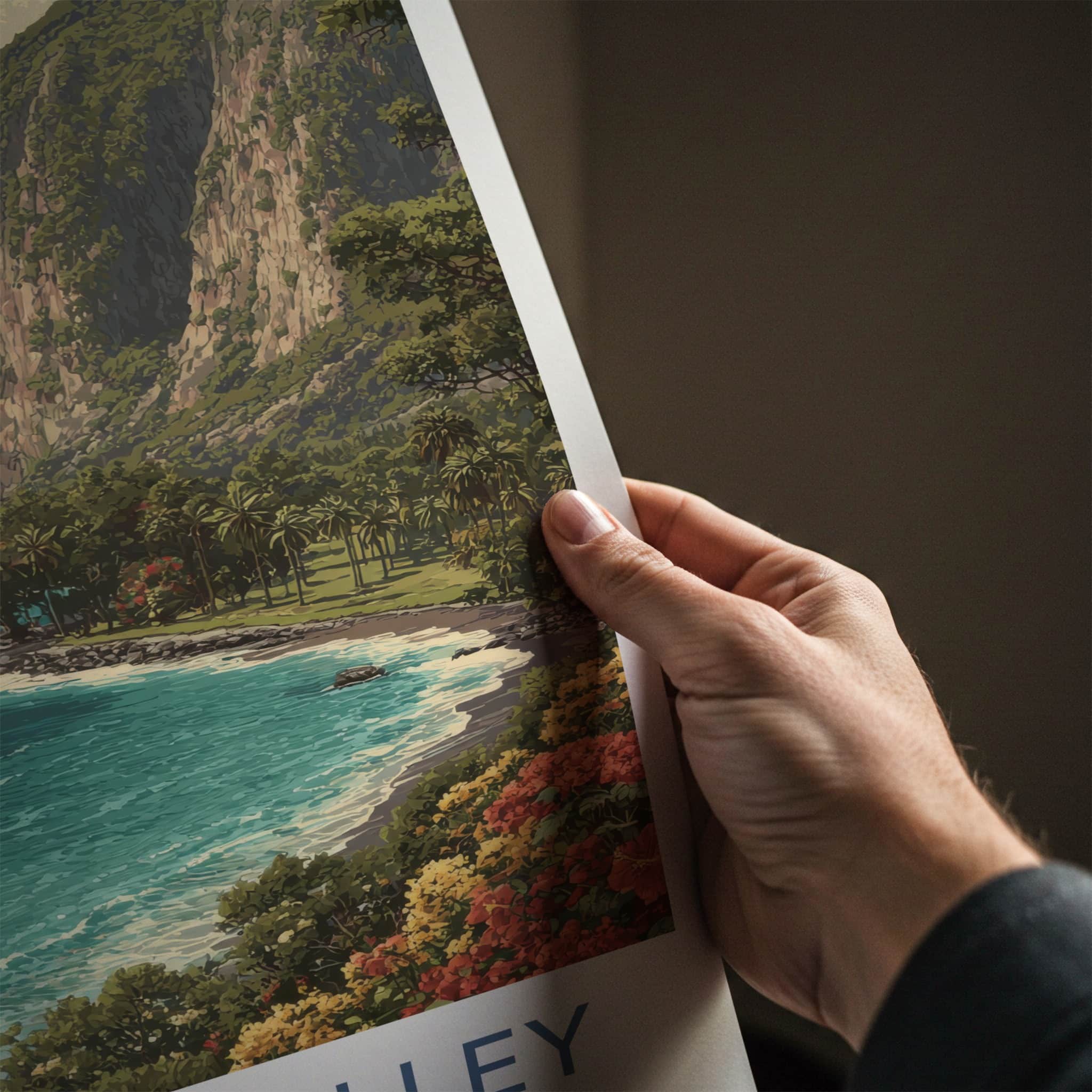 Waipio Valley Poster - Hawaii Travel Art - Lush Waterfall Cliff Gallery Art