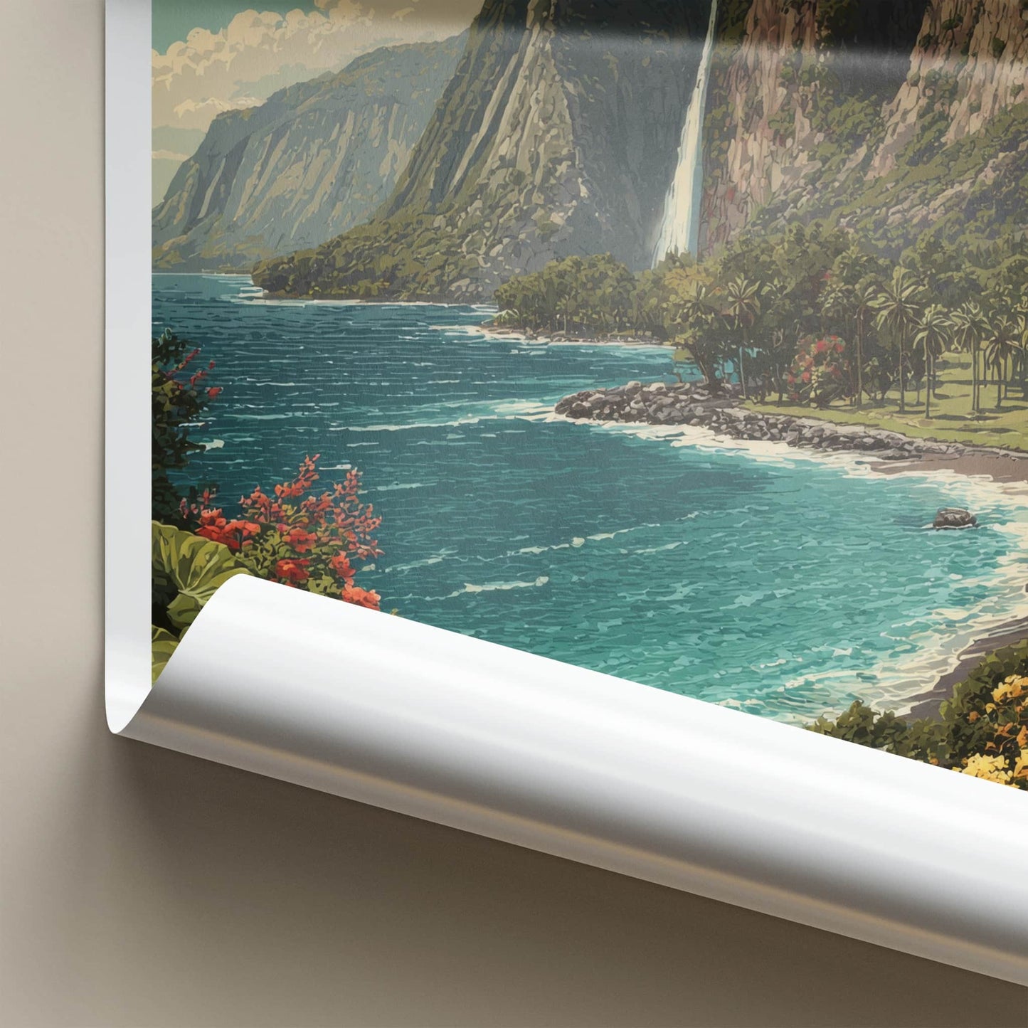 Waipio Valley Poster - Hawaii Travel Art - Lush Waterfall Cliff Gallery Art