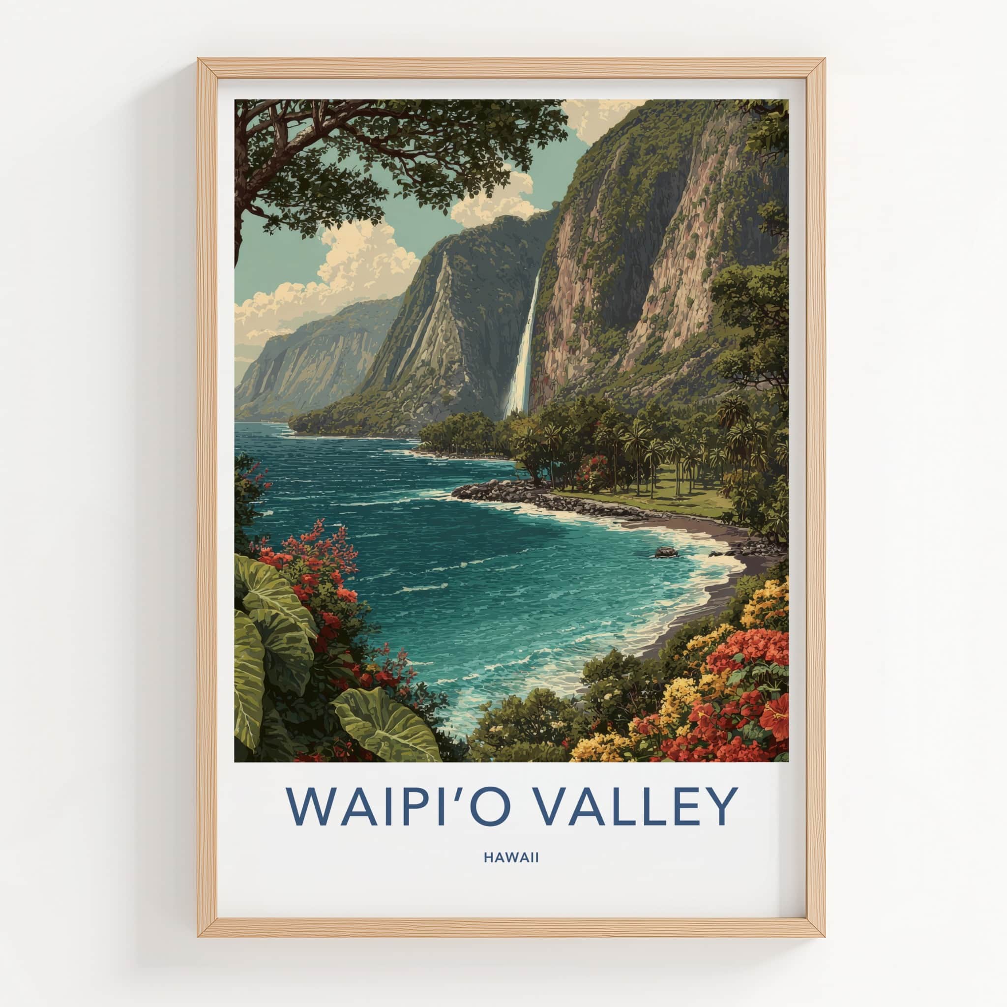 Waipio Valley Poster - Hawaii Travel Art - Lush Waterfall Cliff Gallery Art