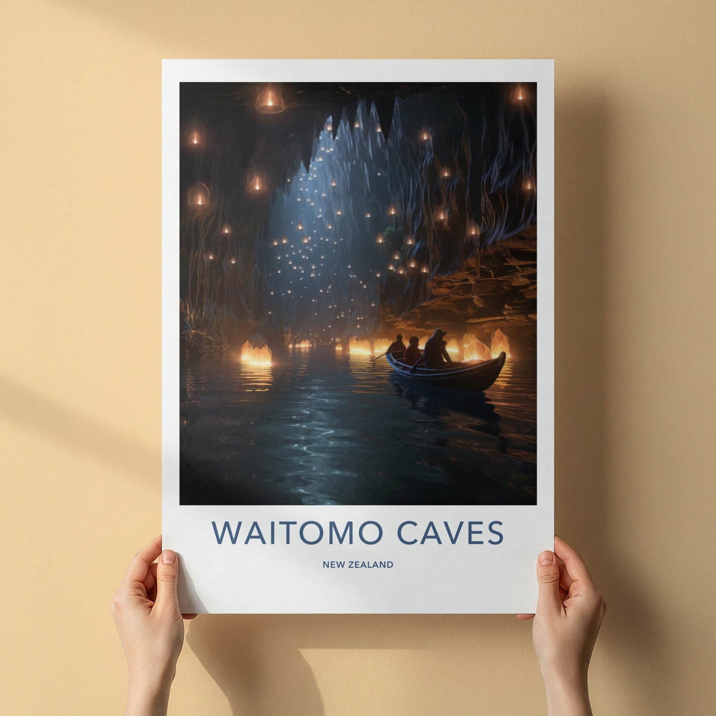 Waitomo Caves Poster - New Zealand Travel Art - Glowing Cave River Home Decor