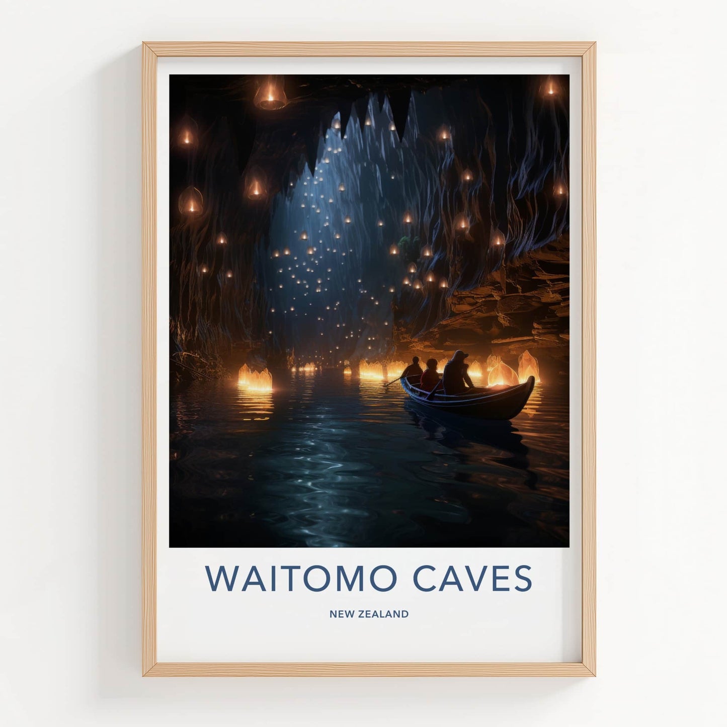 Waitomo Caves Poster - New Zealand Travel Art - Glowing Cave River Home Decor