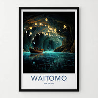 Waitomo Poster - New Zealand Travel Art - Glowworm Cave Boat Home Decor