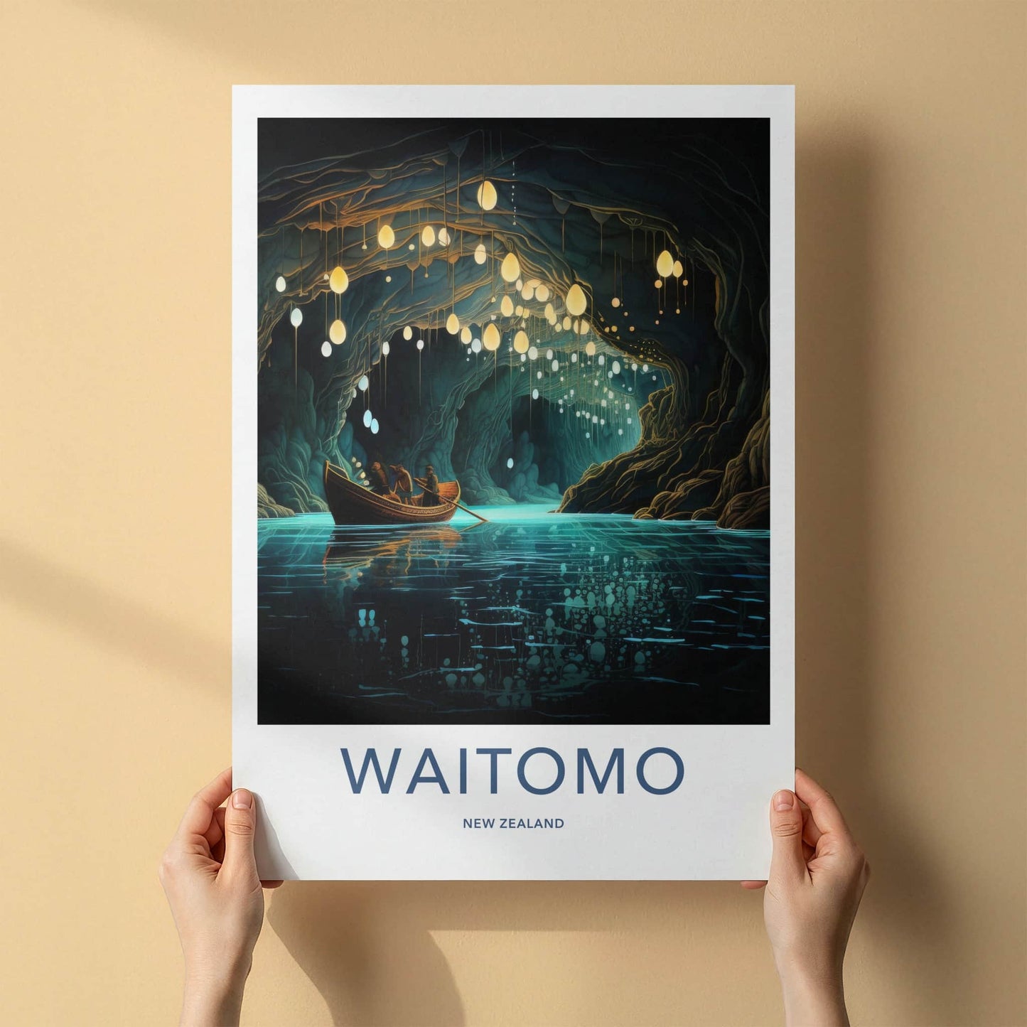 Waitomo Poster - New Zealand Travel Art - Glowworm Cave Boat Home Decor