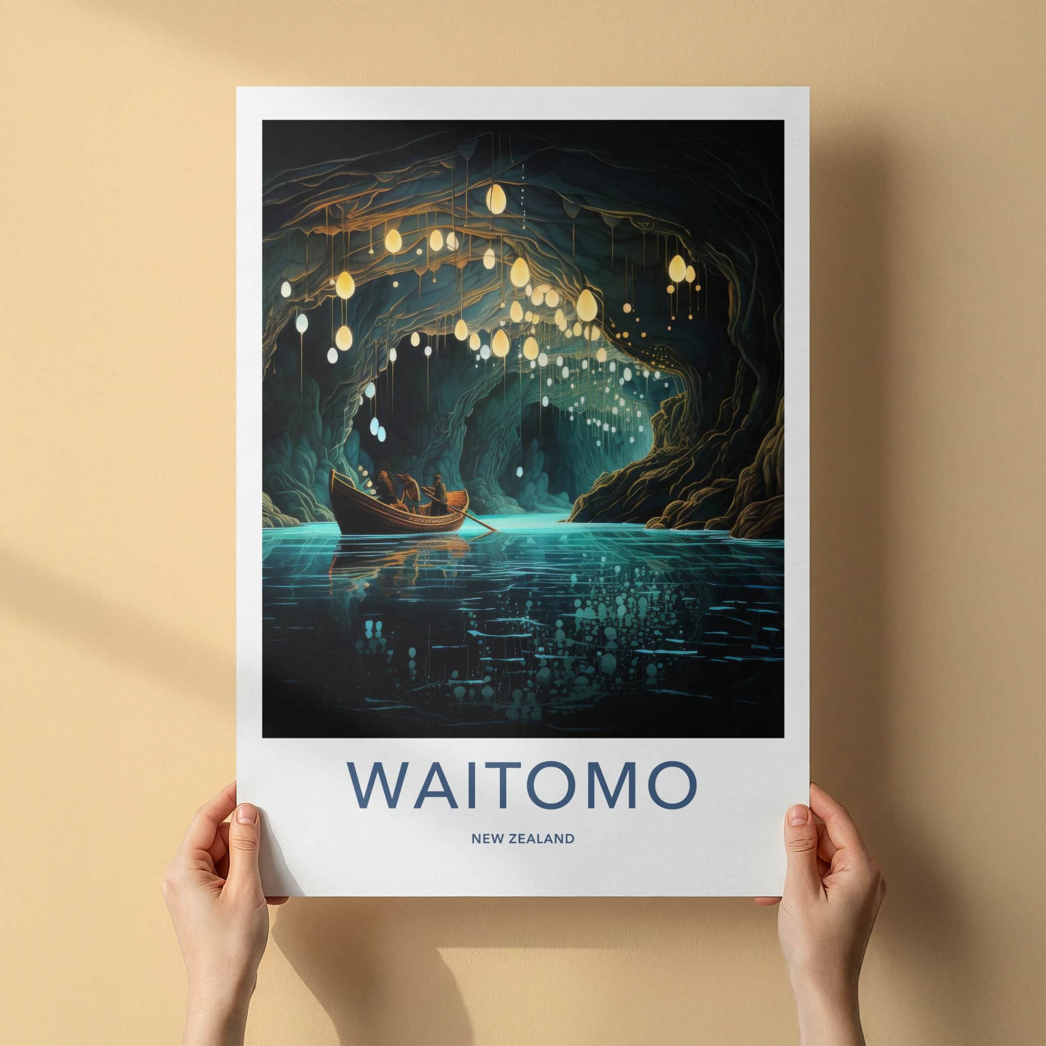 Waitomo Poster - New Zealand Travel Art - Glowworm Cave Boat Home Decor