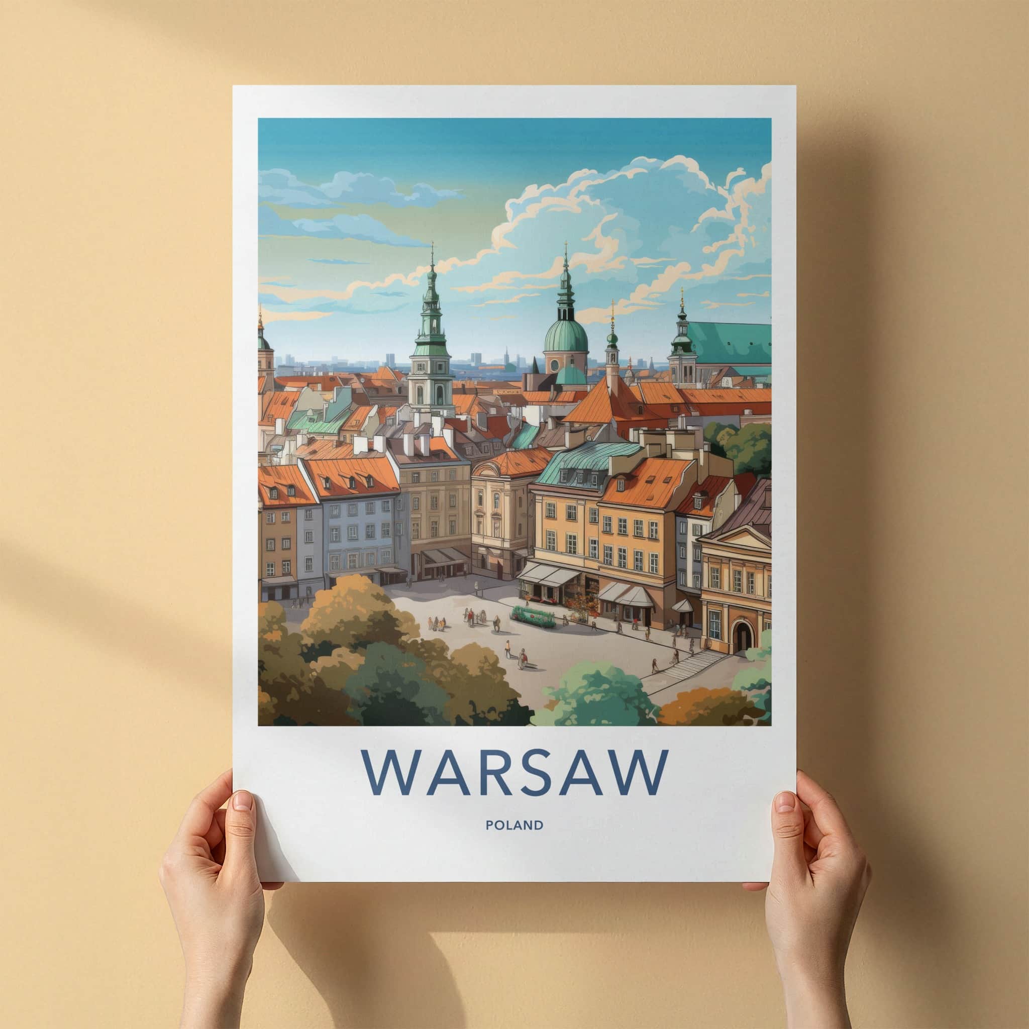 Warsaw Poster - Poland Travel Art - Historic Buildings Rooftops Home Decor