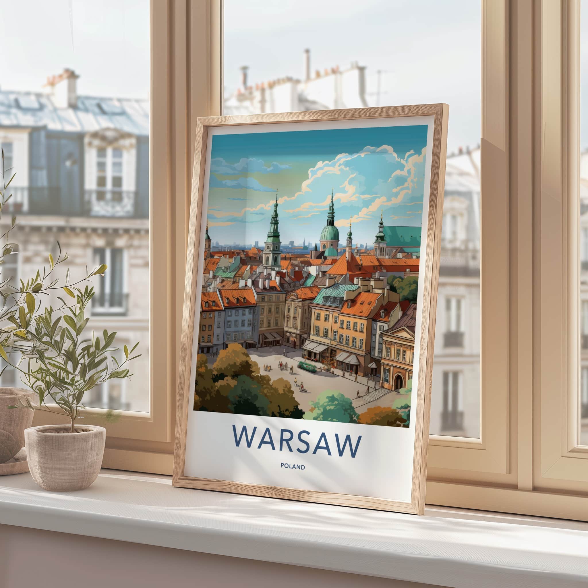 Warsaw Poster - Poland Travel Art - Historic Buildings Rooftops Home Decor