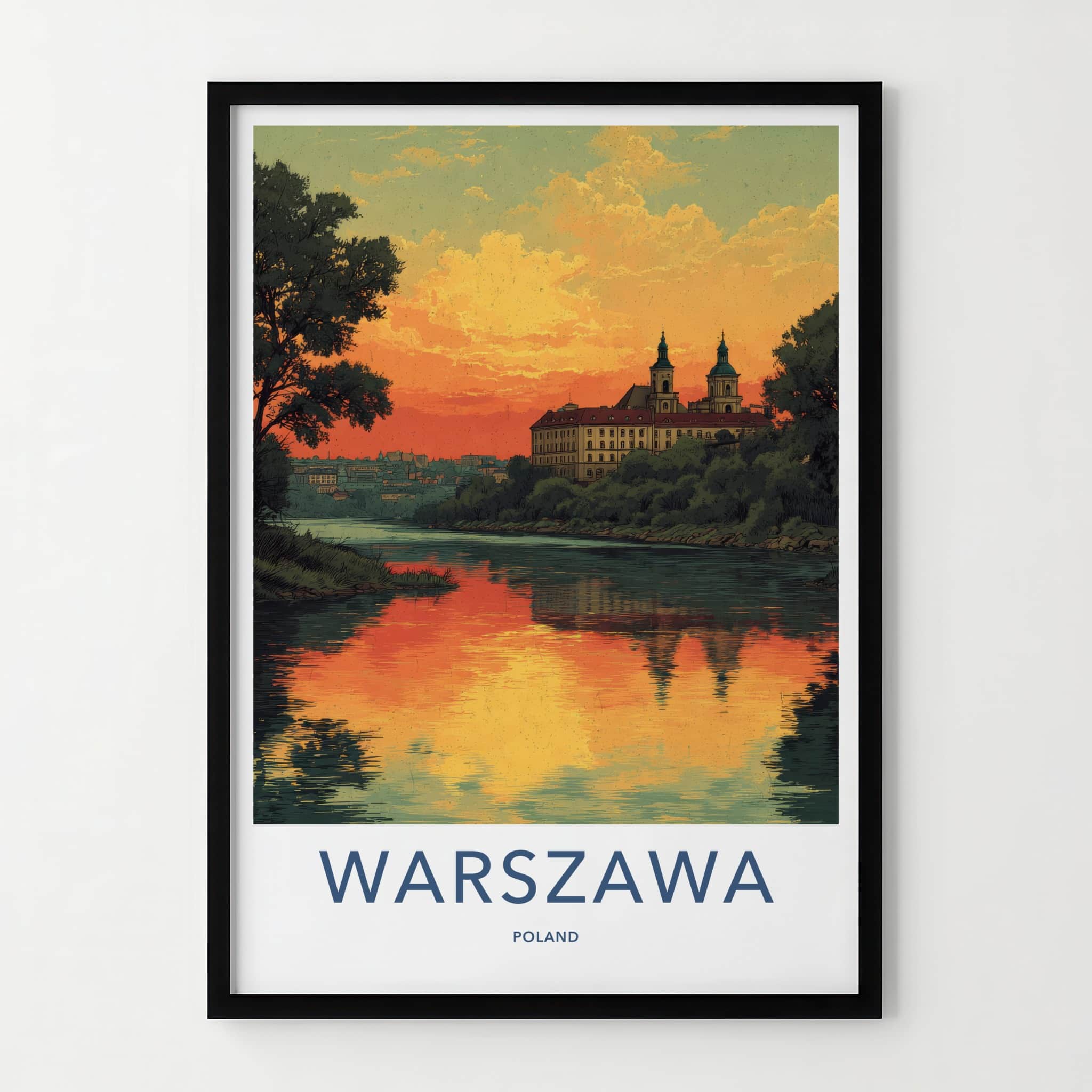 Warszawa Poster - Poland Travel Art - River Sunset Reflections Wall Decor
