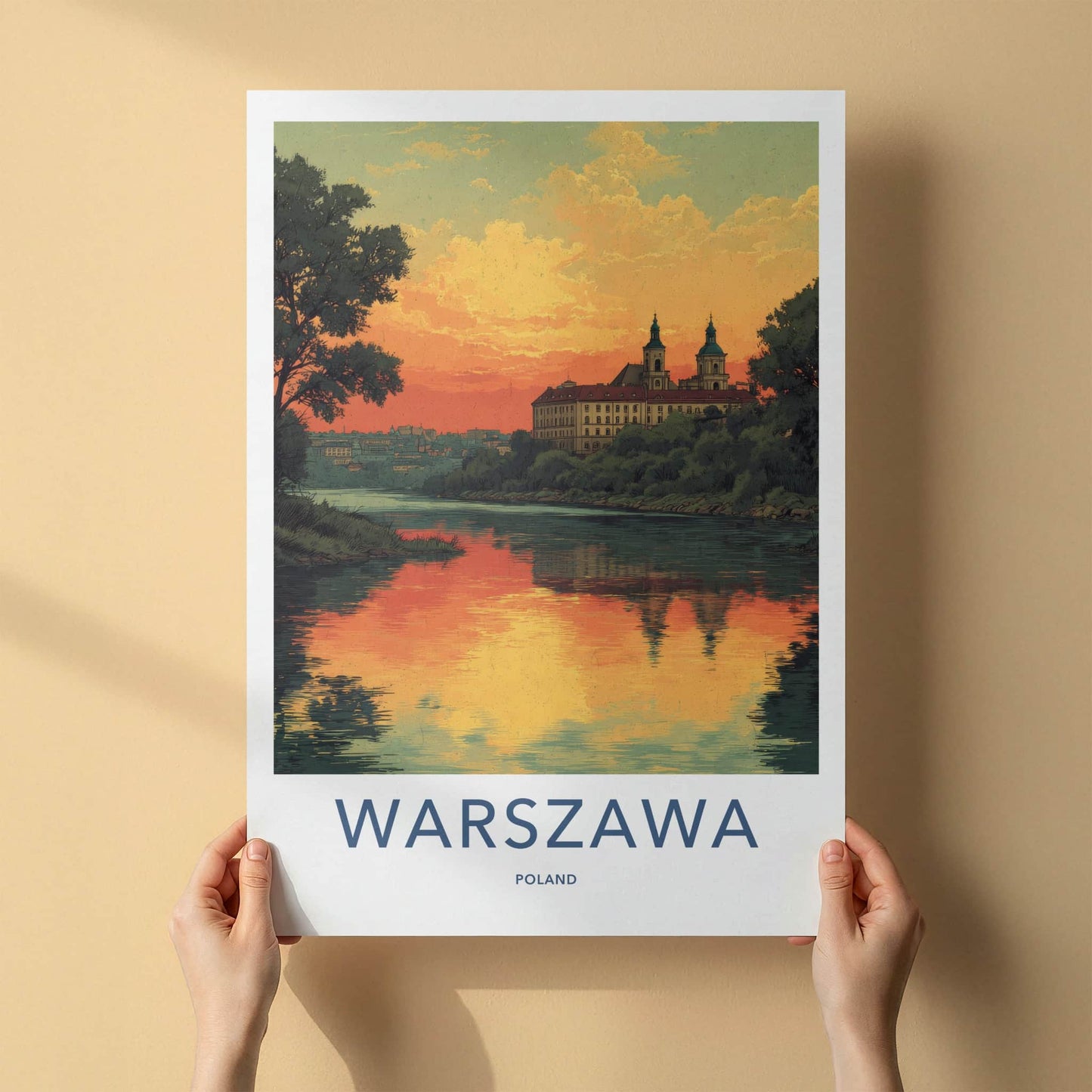 Warszawa Poster - Poland Travel Art - River Sunset Reflections Wall Decor