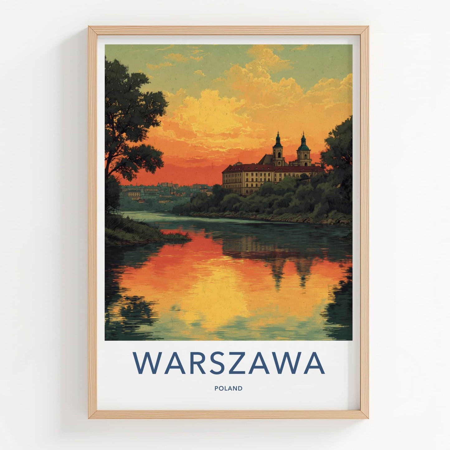 Warszawa Poster - Poland Travel Art - River Sunset Reflections Wall Decor