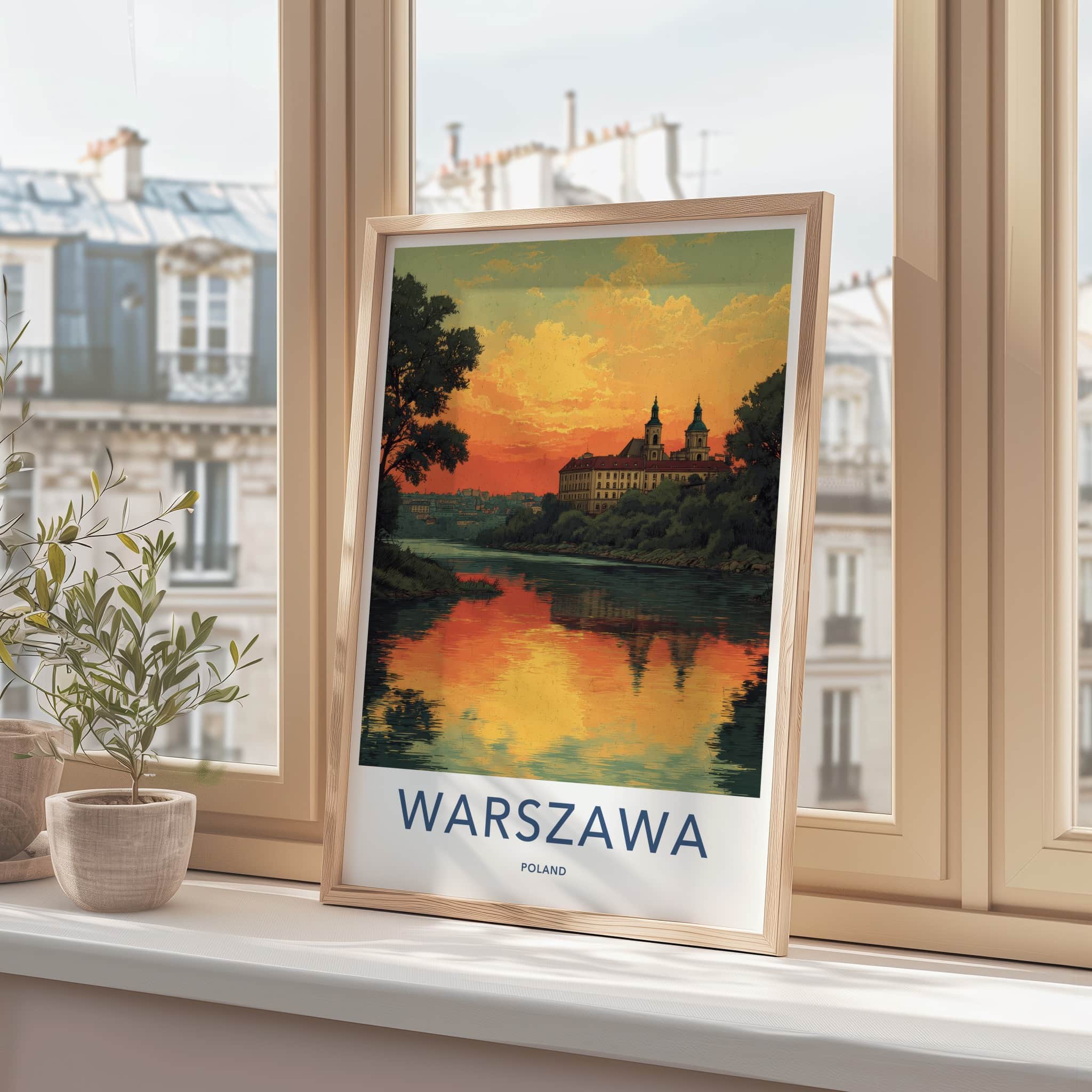 Warszawa Poster - Poland Travel Art - River Sunset Reflections Wall Decor