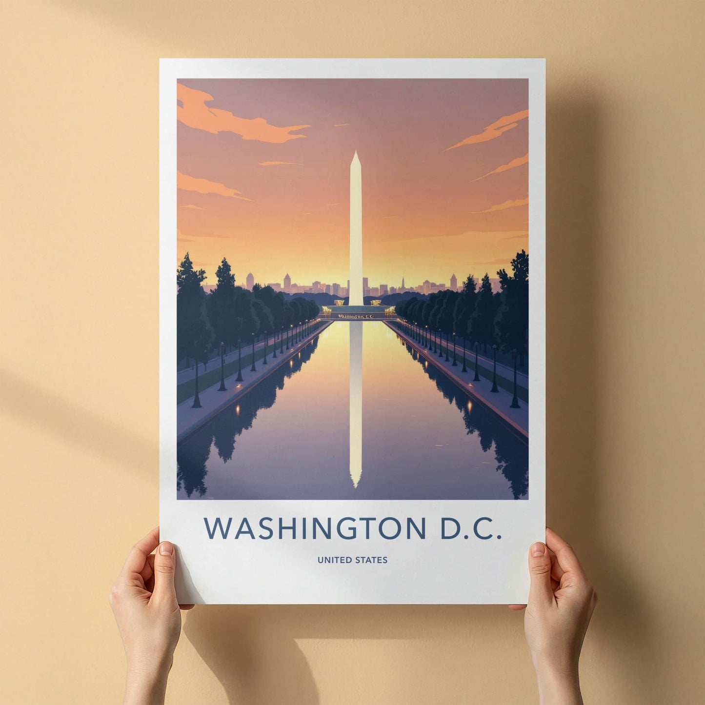 Washington D.C. Poster - District of Columbia Travel Art - Monument Sunset Reflection Home Decor