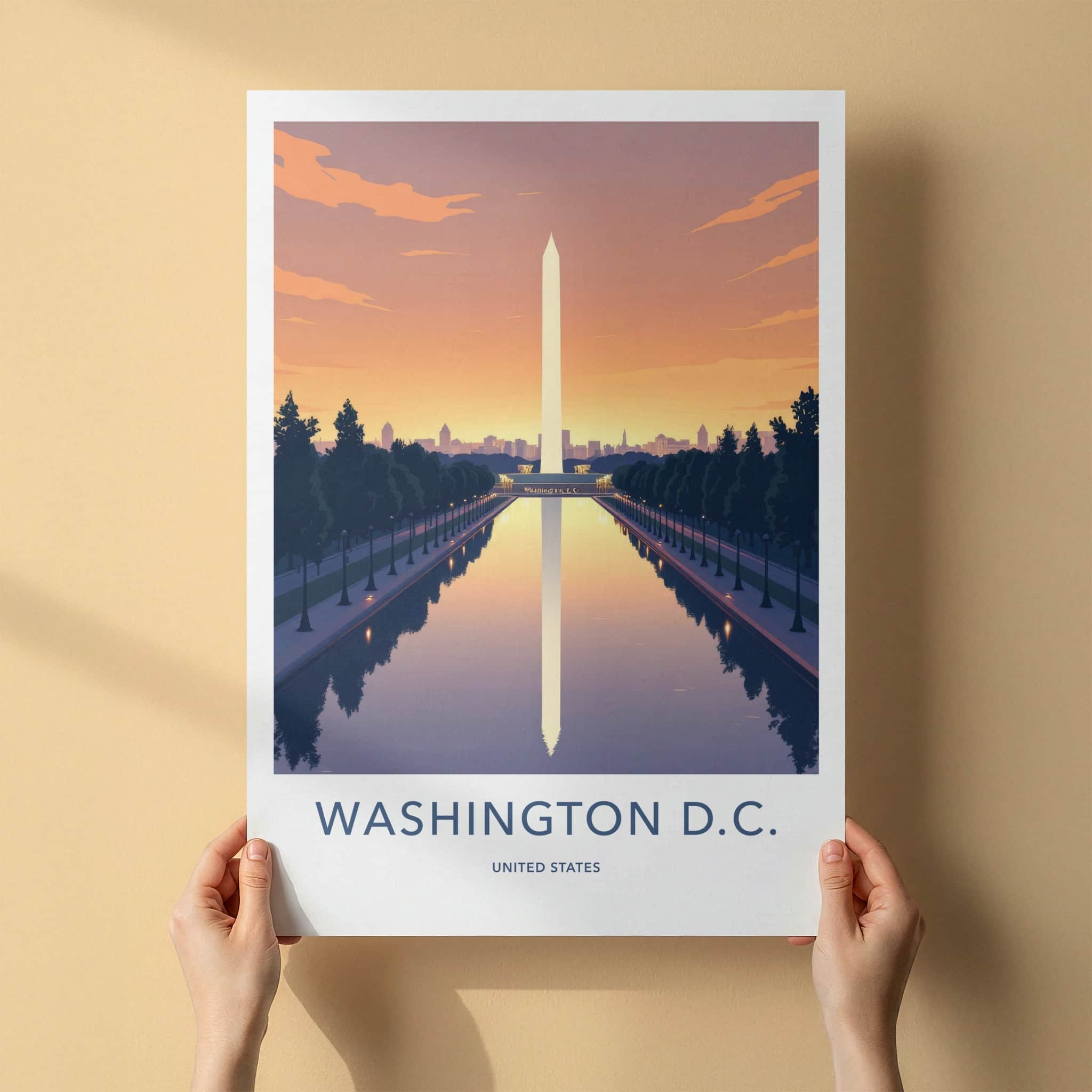 Washington D.C. Poster - District of Columbia Travel Art - Monument Sunset Reflection Home Decor