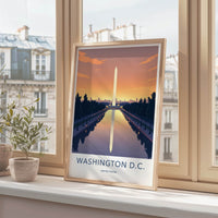 Washington D.C. Poster - District of Columbia Travel Art - Monument Sunset Reflection Home Decor