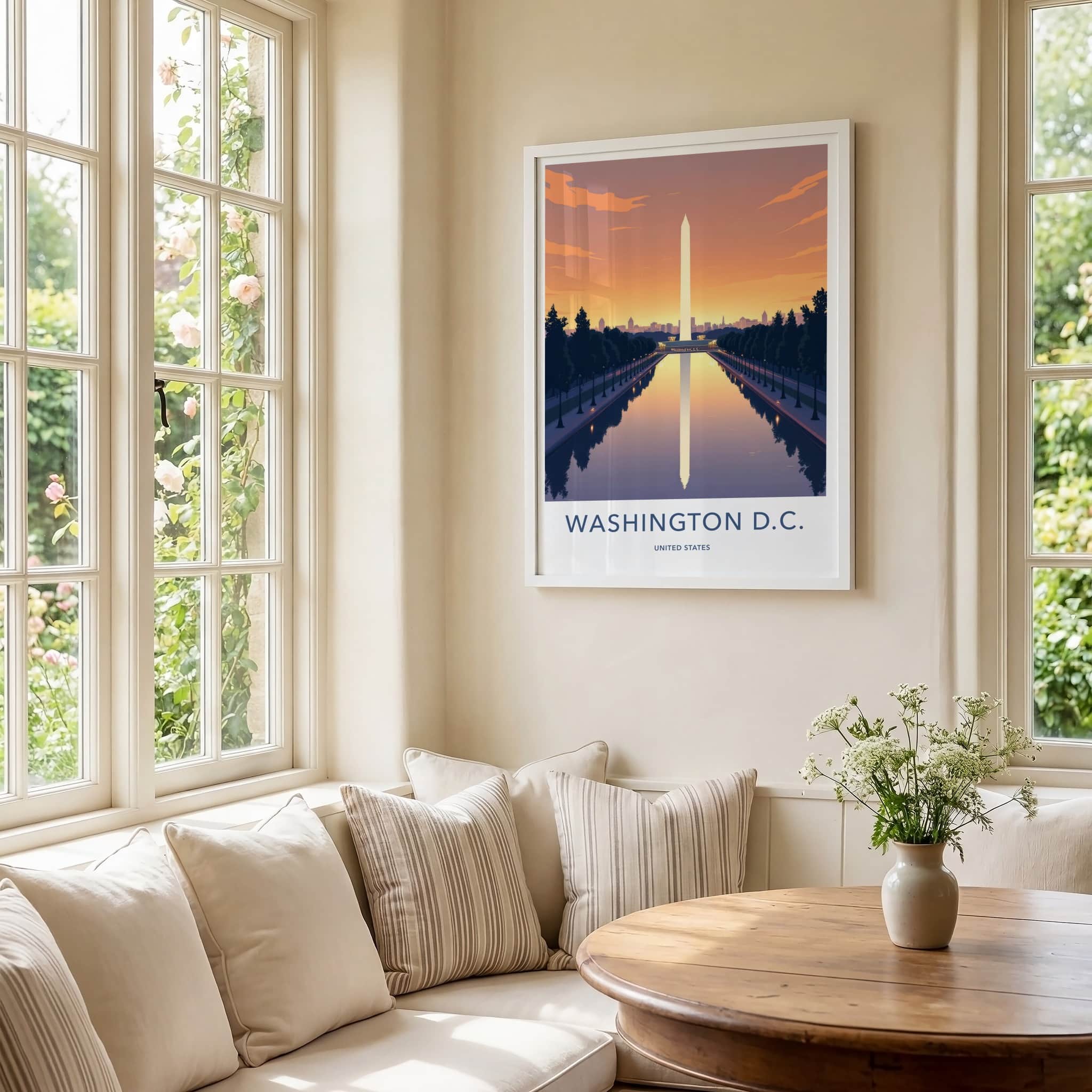 Washington D.C. Poster - District of Columbia Travel Art - Monument Sunset Reflection Home Decor