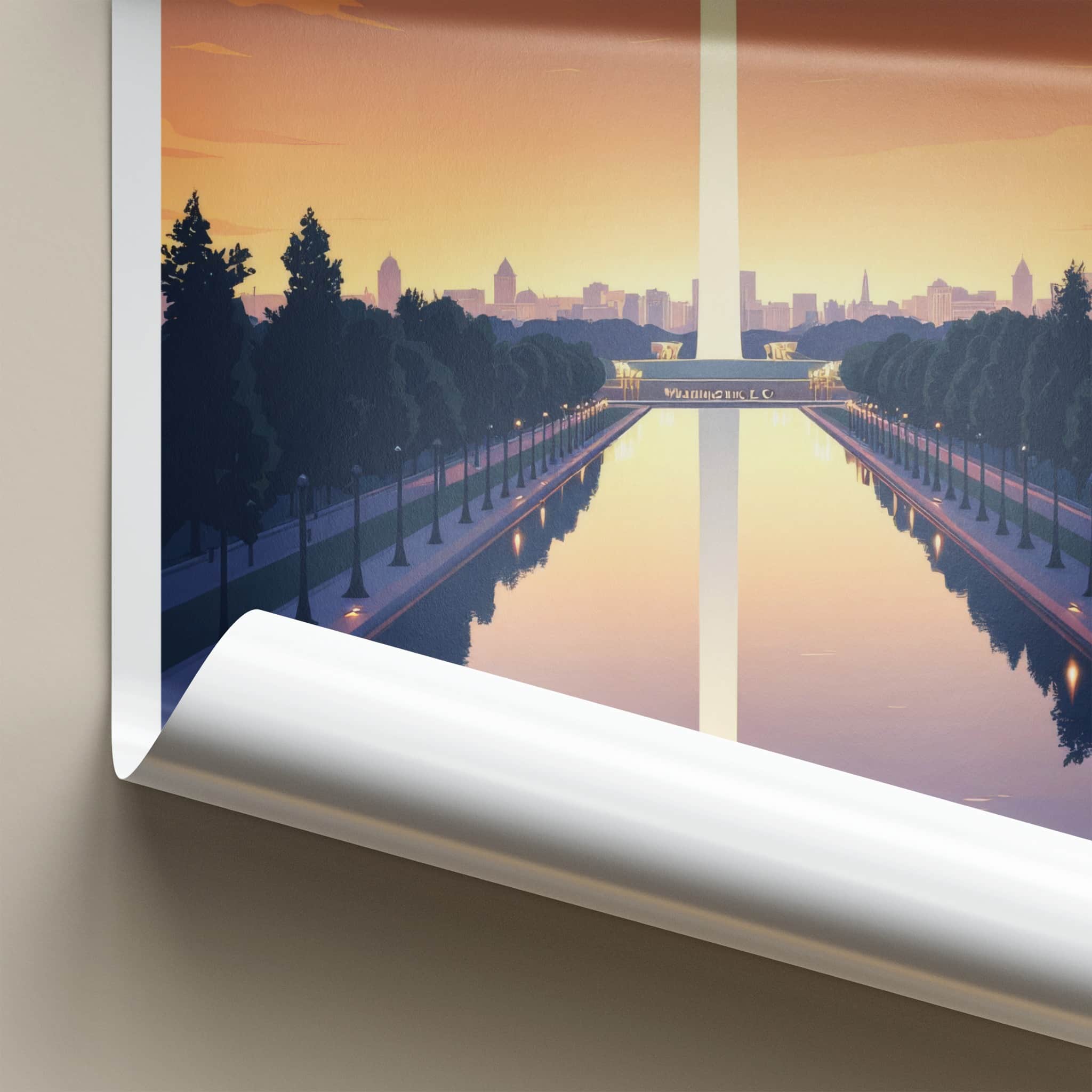 Washington D.C. Poster - District of Columbia Travel Art - Monument Sunset Reflection Home Decor