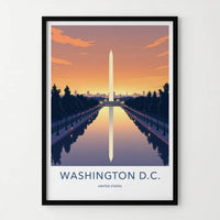Washington D.C. Poster - District of Columbia Travel Art - Monument Sunset Reflection Home Decor