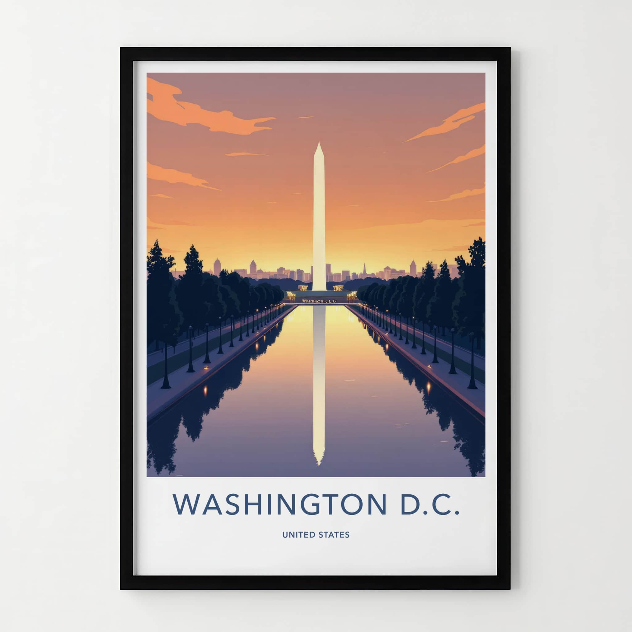 Washington D.C. Poster - District of Columbia Travel Art - Monument Sunset Reflection Home Decor