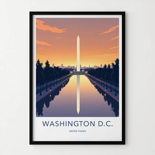 Washington D.C. Poster - District of Columbia Travel Art - Monument Sunset Reflection Home Decor