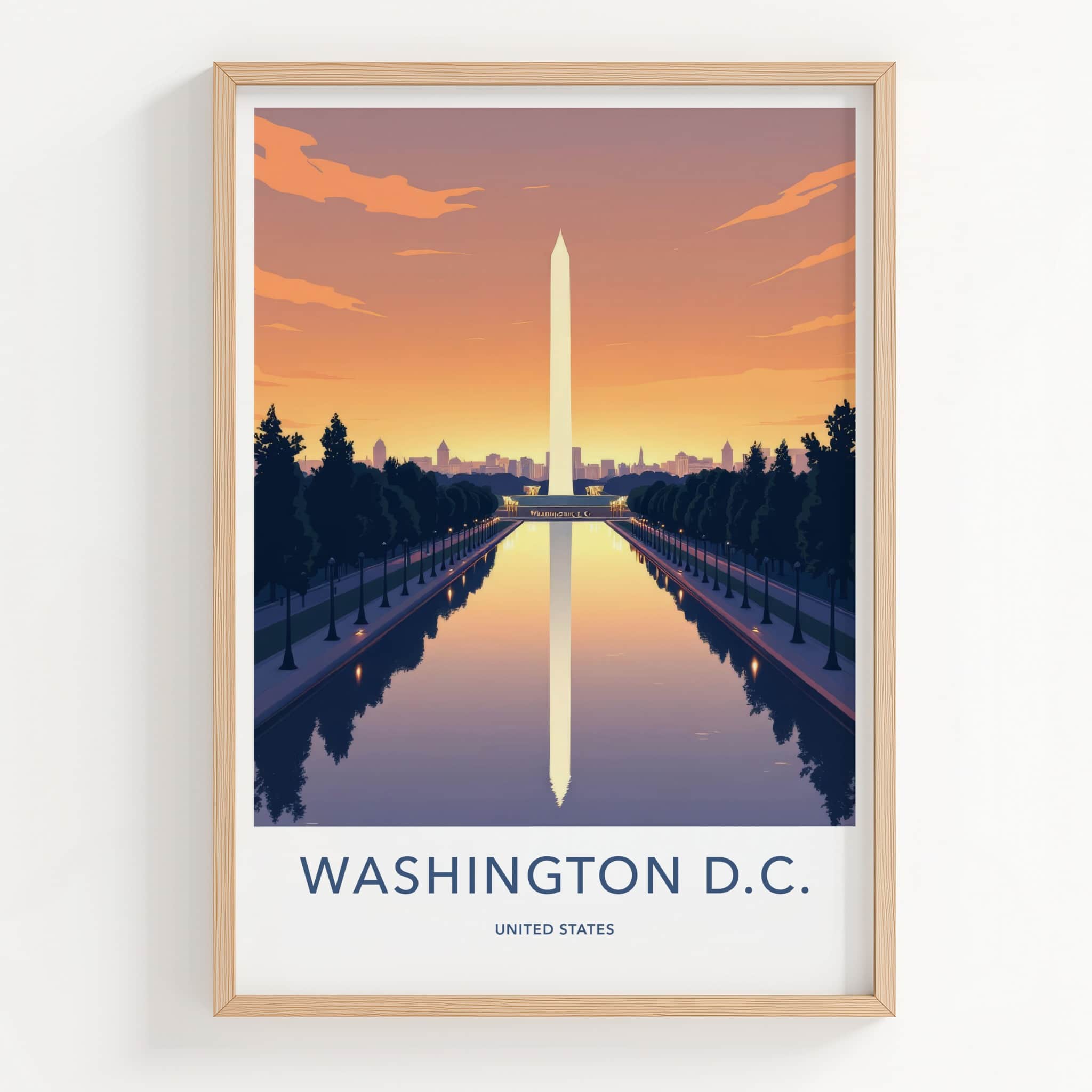 Washington D.C. Poster - District of Columbia Travel Art - Monument Sunset Reflection Home Decor
