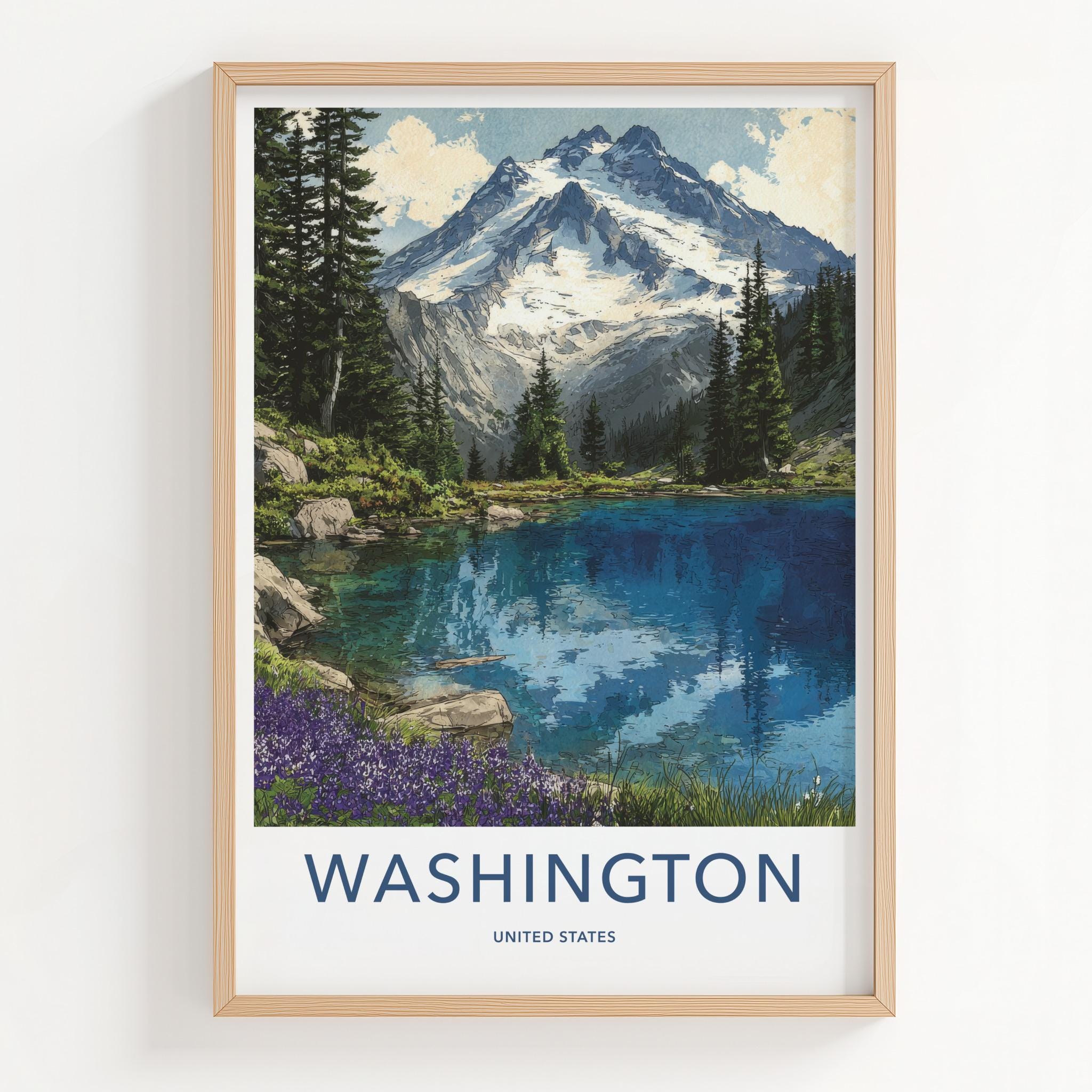 Washington Poster - Washington Travel Art - Alpine Lake Wildflowers Home Decor
