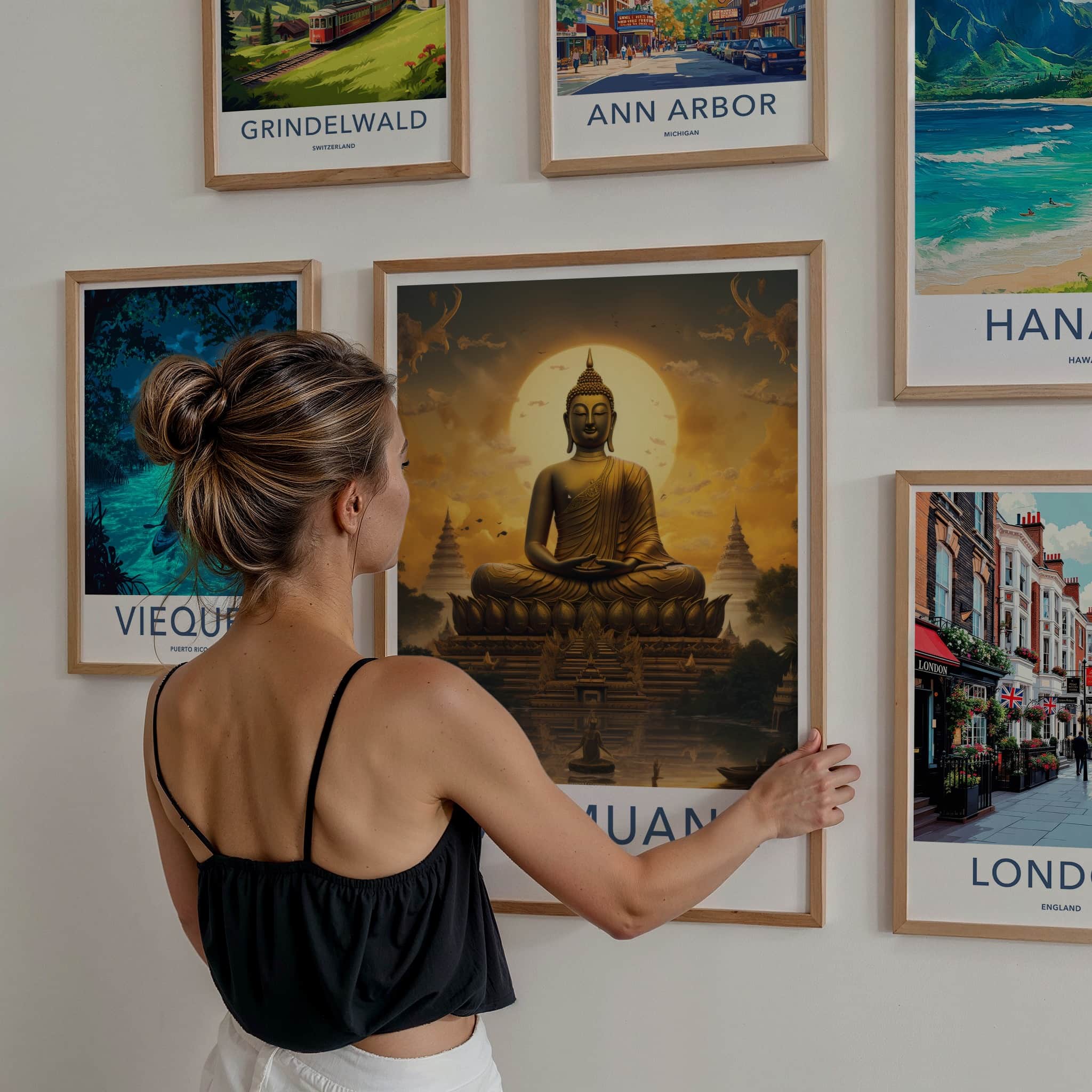 Wat Muang Poster - Thailand Travel Art - Golden Buddha Temple Home Decor