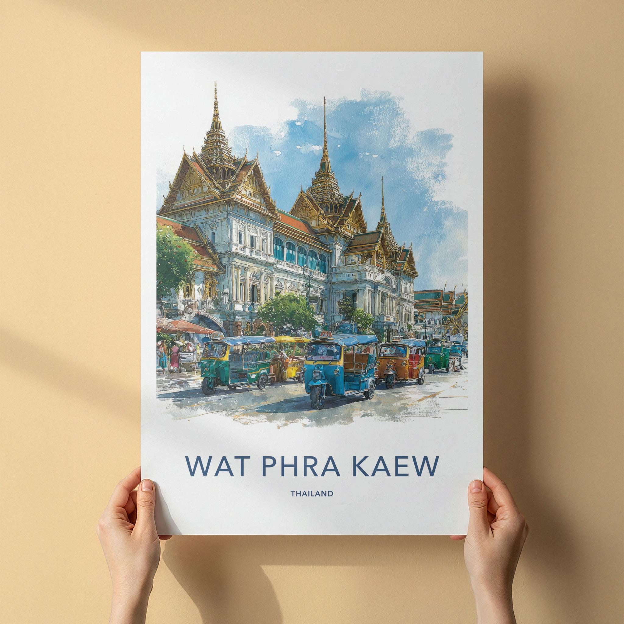 Wat Phra Kaew Poster - Thailand Travel Art - Golden Spire Tuk-Tuks Home Decor