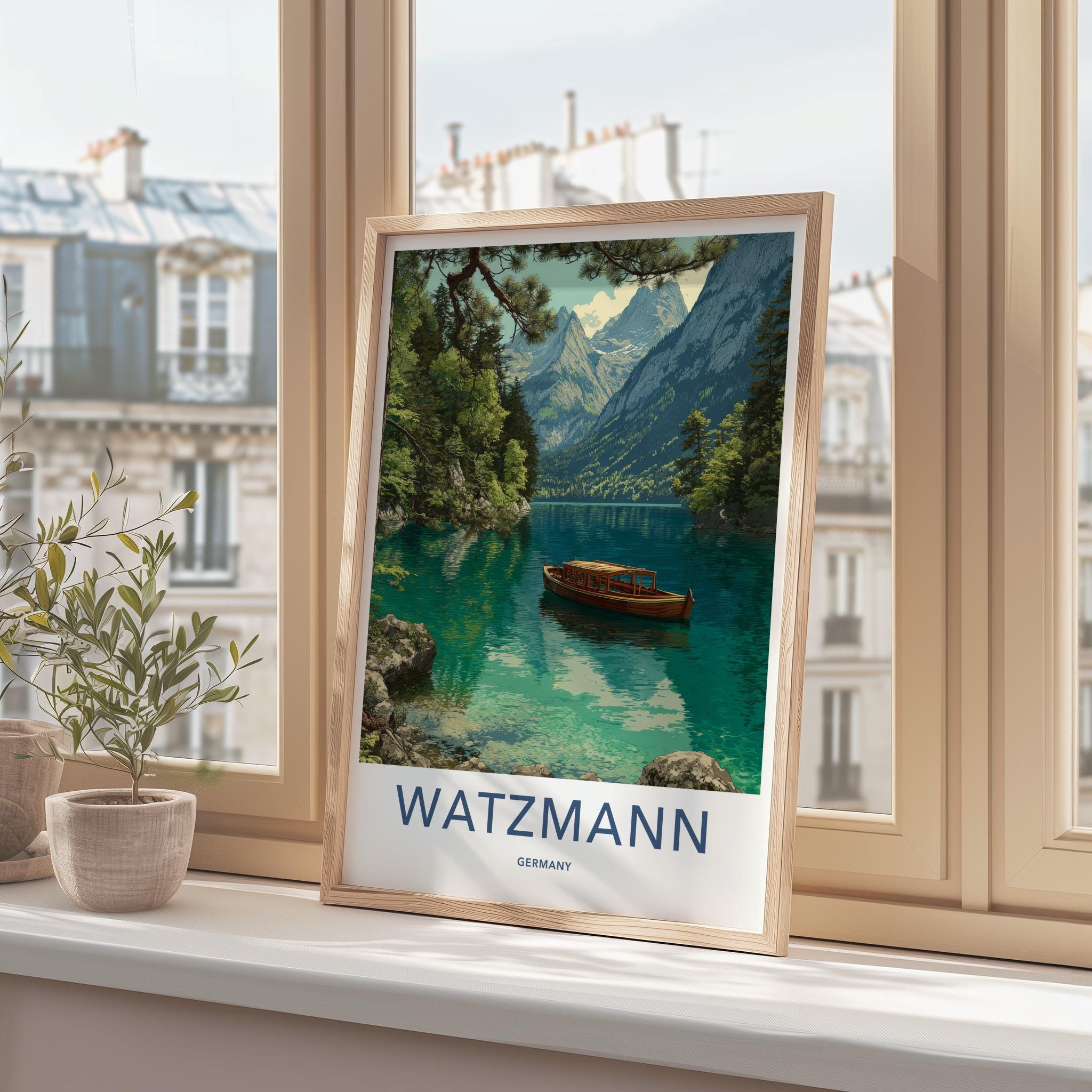 Watzmann Poster - Germany Travel Art - Alpine Lake Boat Home Decor