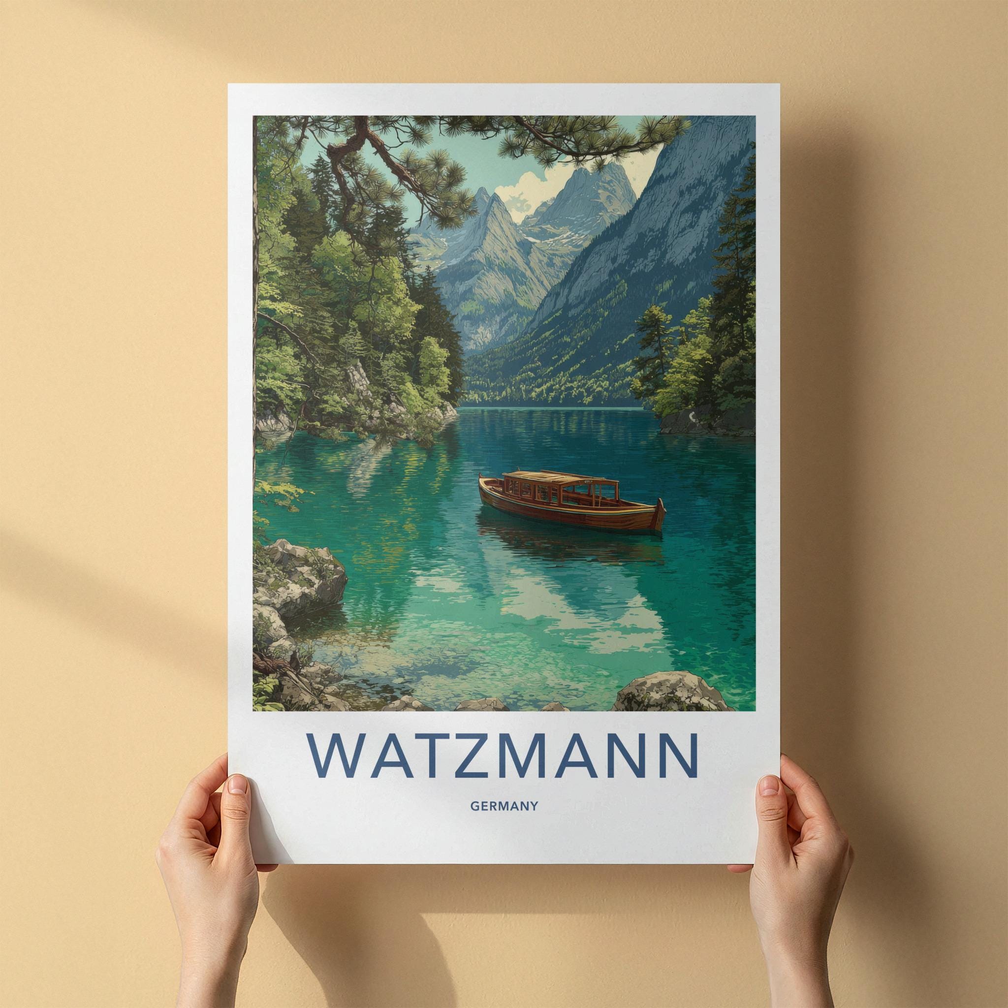 Watzmann Poster - Germany Travel Art - Alpine Lake Boat Home Decor