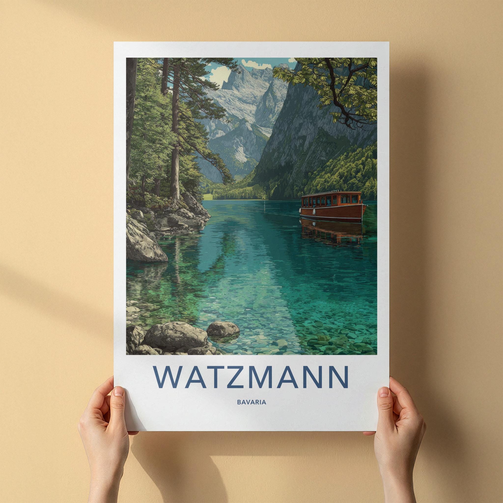 Watzmann Poster - Germany Travel Art - Emerald Lake Boat Wall Decor