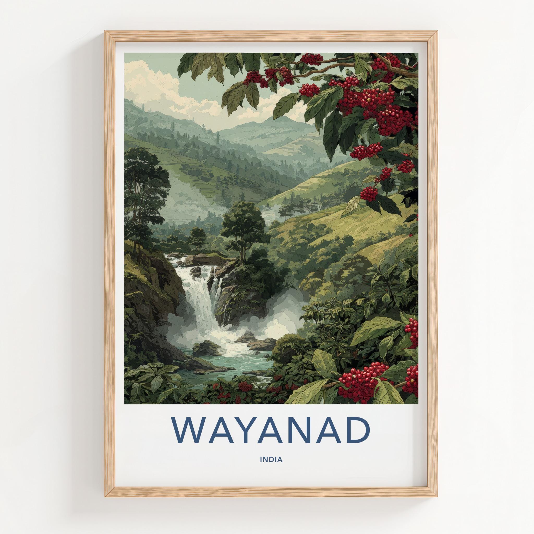 Wayanad Poster - India Art Print - Kerala Coffee Berry Waterfall Home Decor