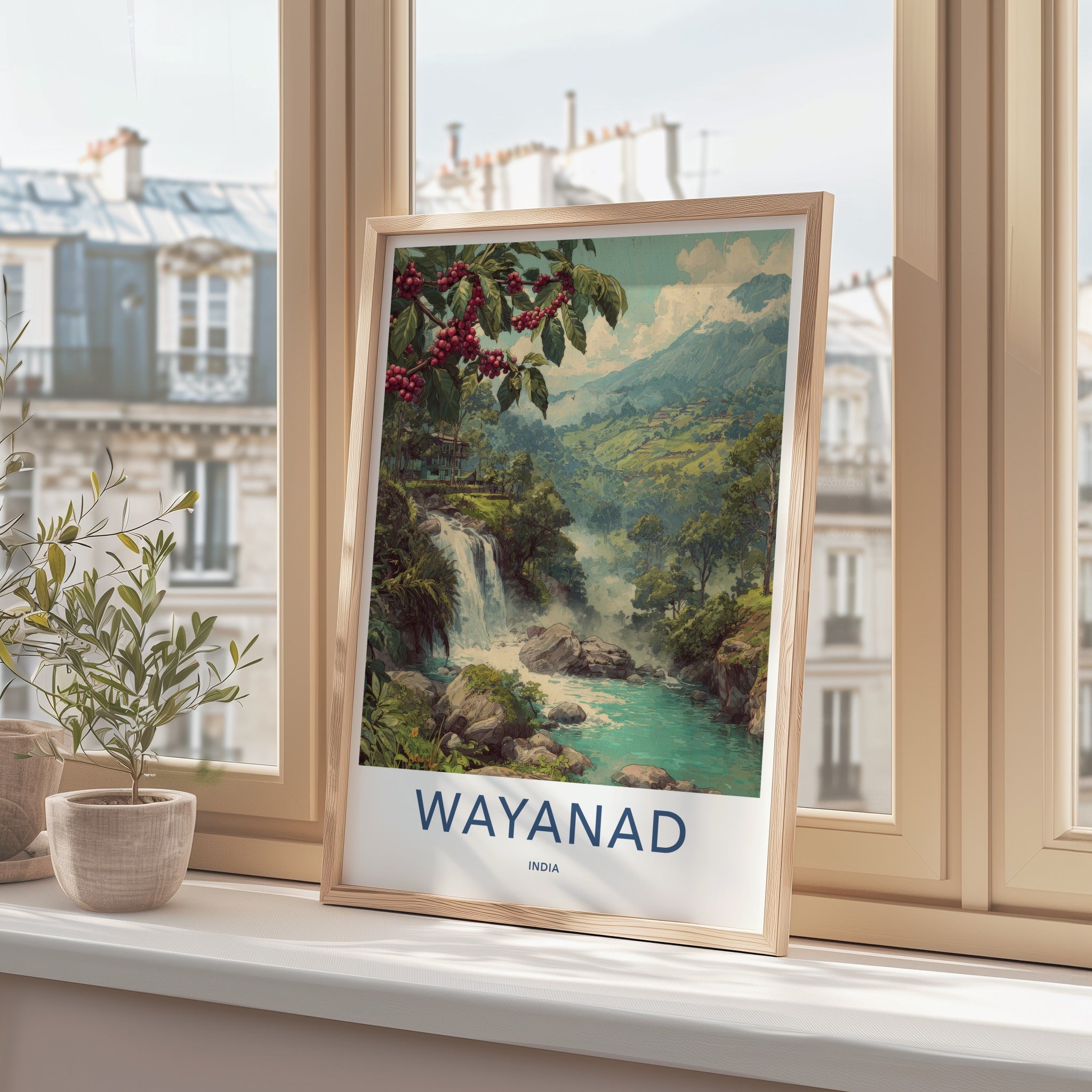 Wayanad Poster - India Travel Art - Coffee Plant Waterfall Home Decor