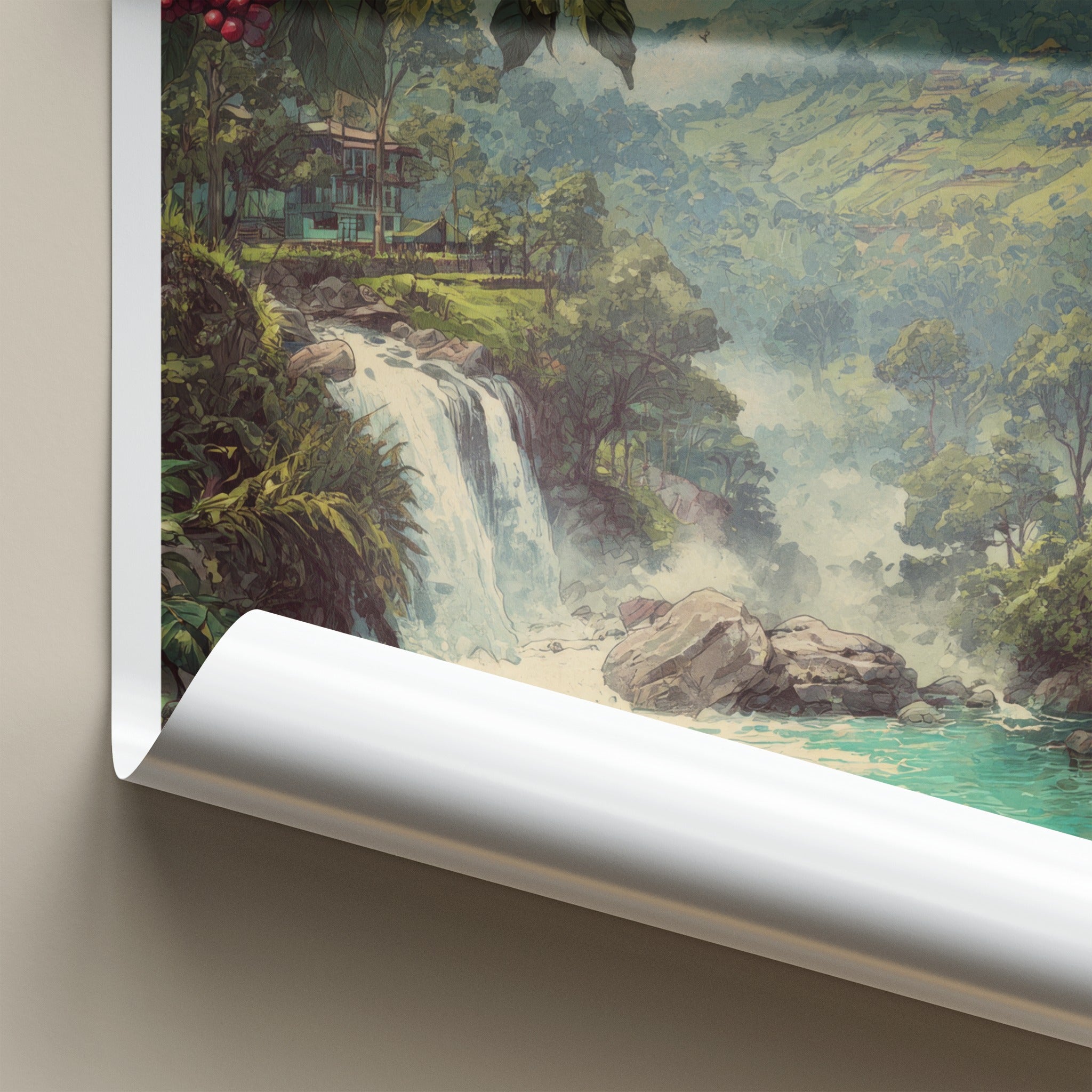 Wayanad Poster - India Travel Art - Coffee Plant Waterfall Home Decor