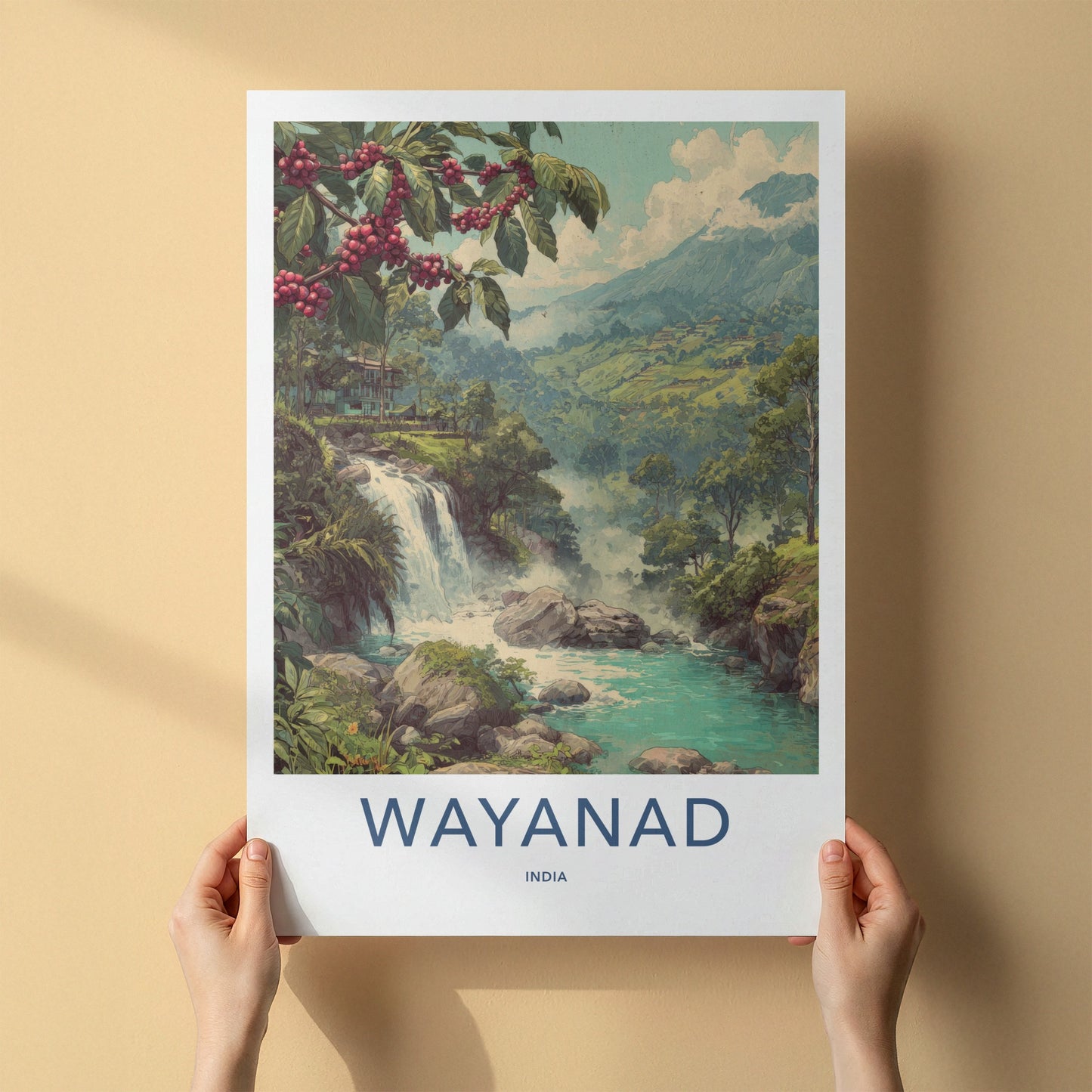 Wayanad Poster - India Travel Art - Coffee Plant Waterfall Home Decor