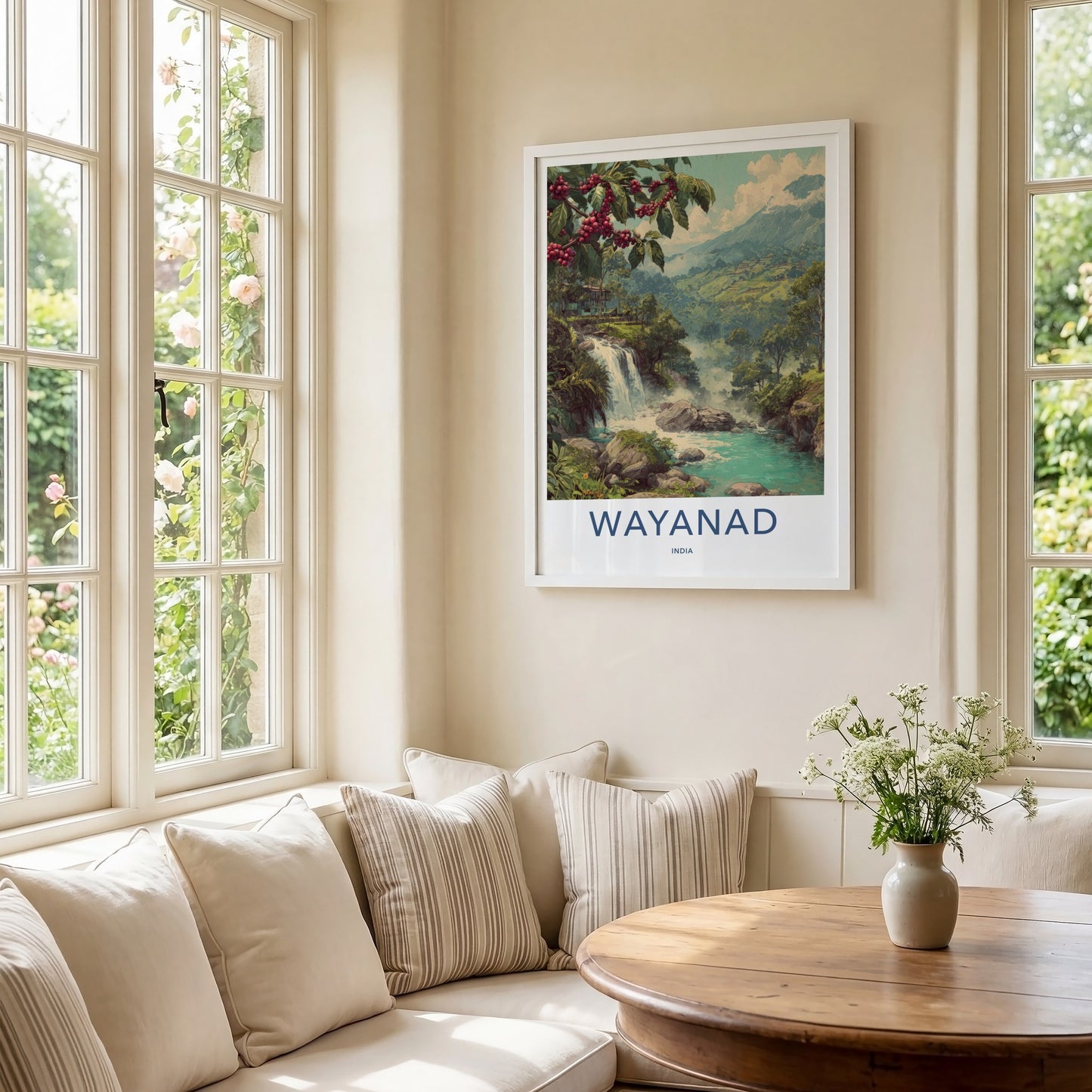 Wayanad Poster - India Travel Art - Coffee Plant Waterfall Home Decor