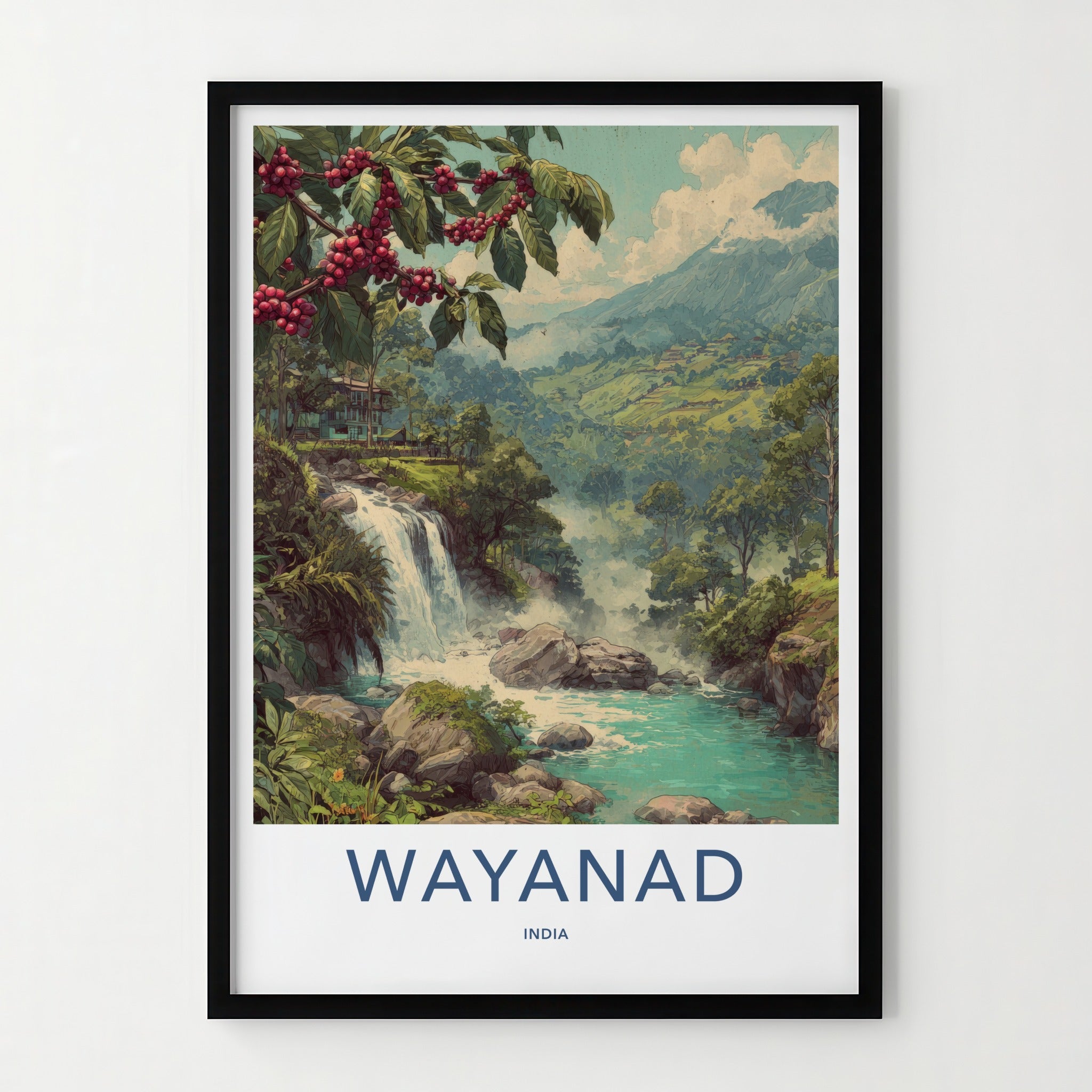 Wayanad Poster - India Travel Art - Coffee Plant Waterfall Home Decor