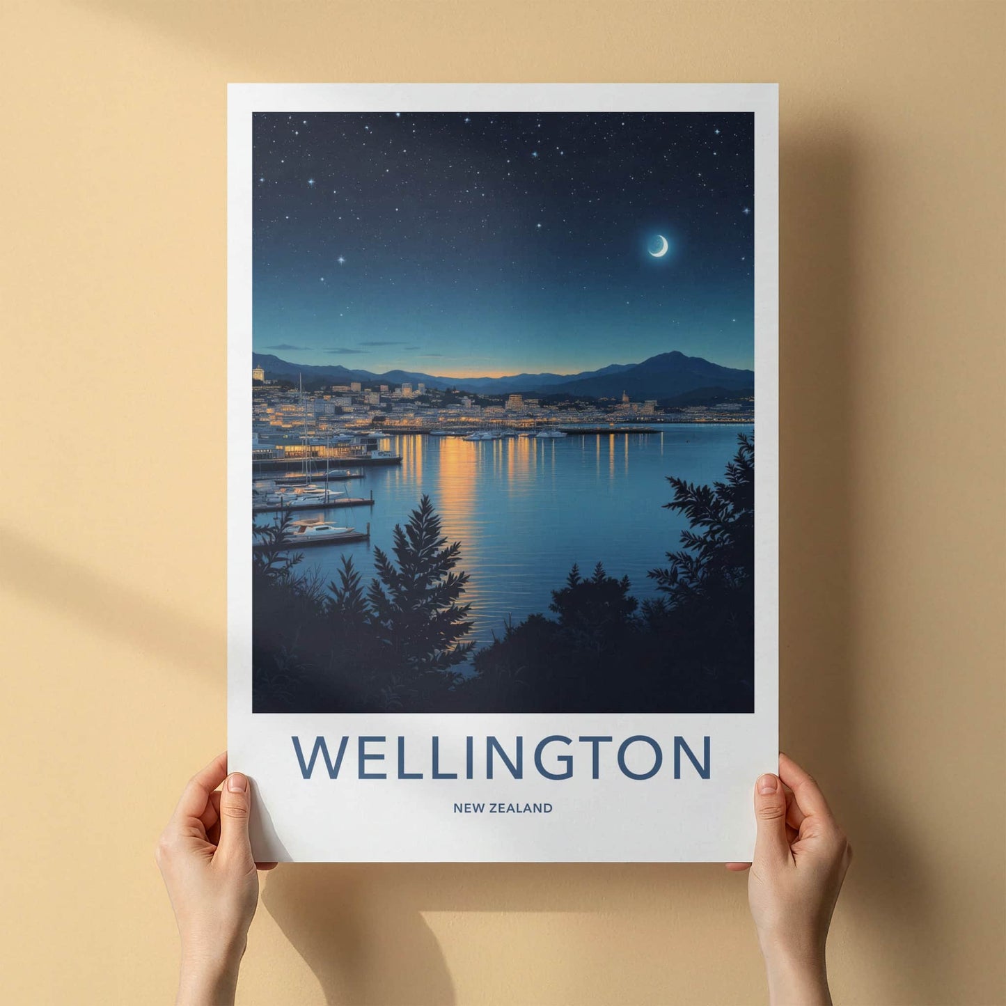 Wellington Poster - New Zealand Travel Art - Night Harbor City Home Decor