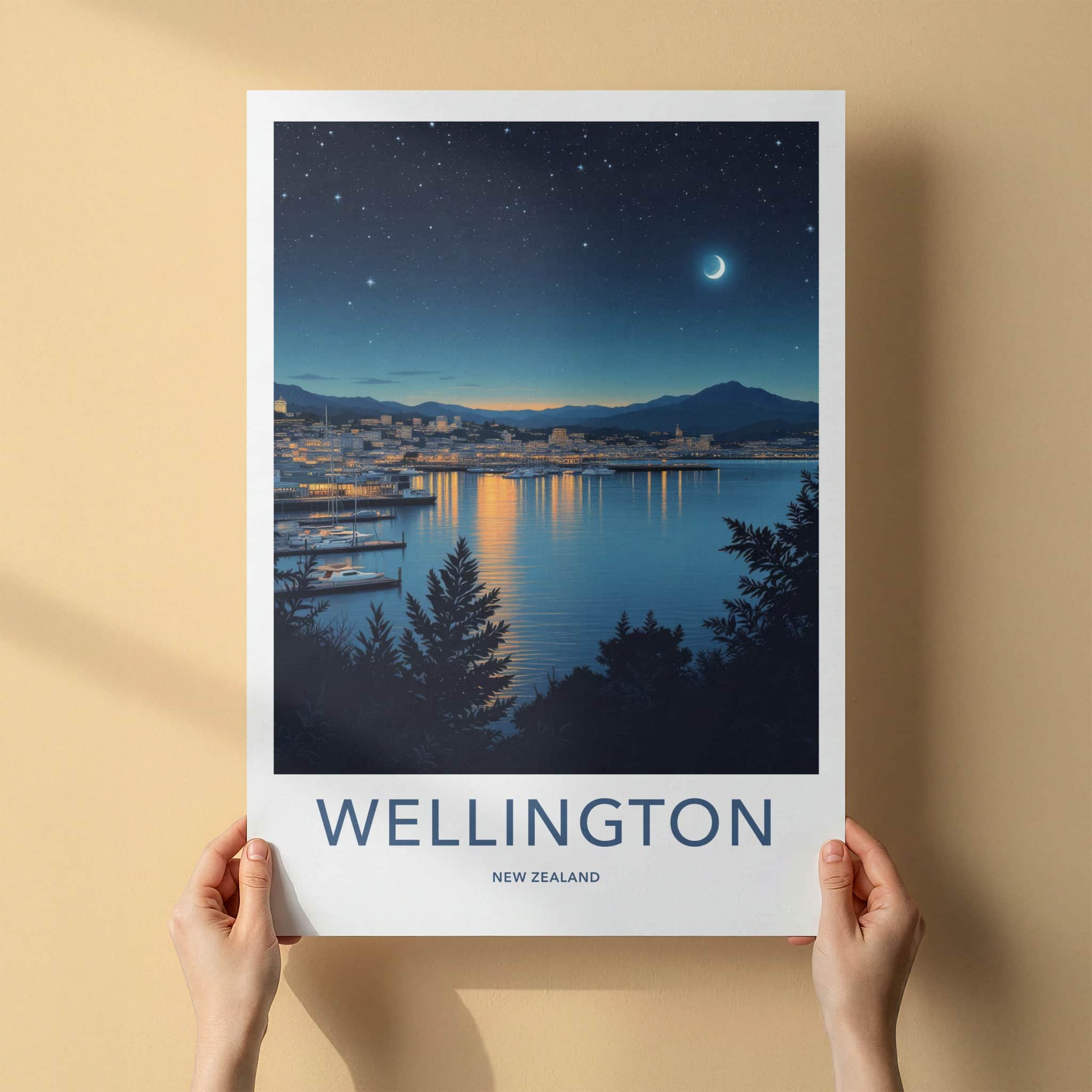 Wellington Poster - New Zealand Travel Art - Night Harbor City Home Decor