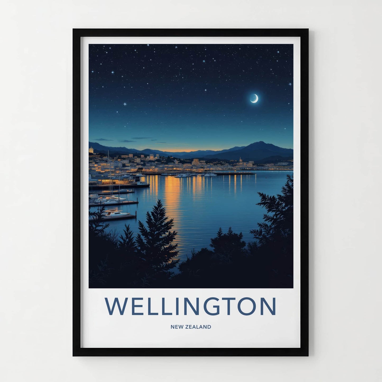 Wellington Poster - New Zealand Travel Art - Night Harbor City Home Decor