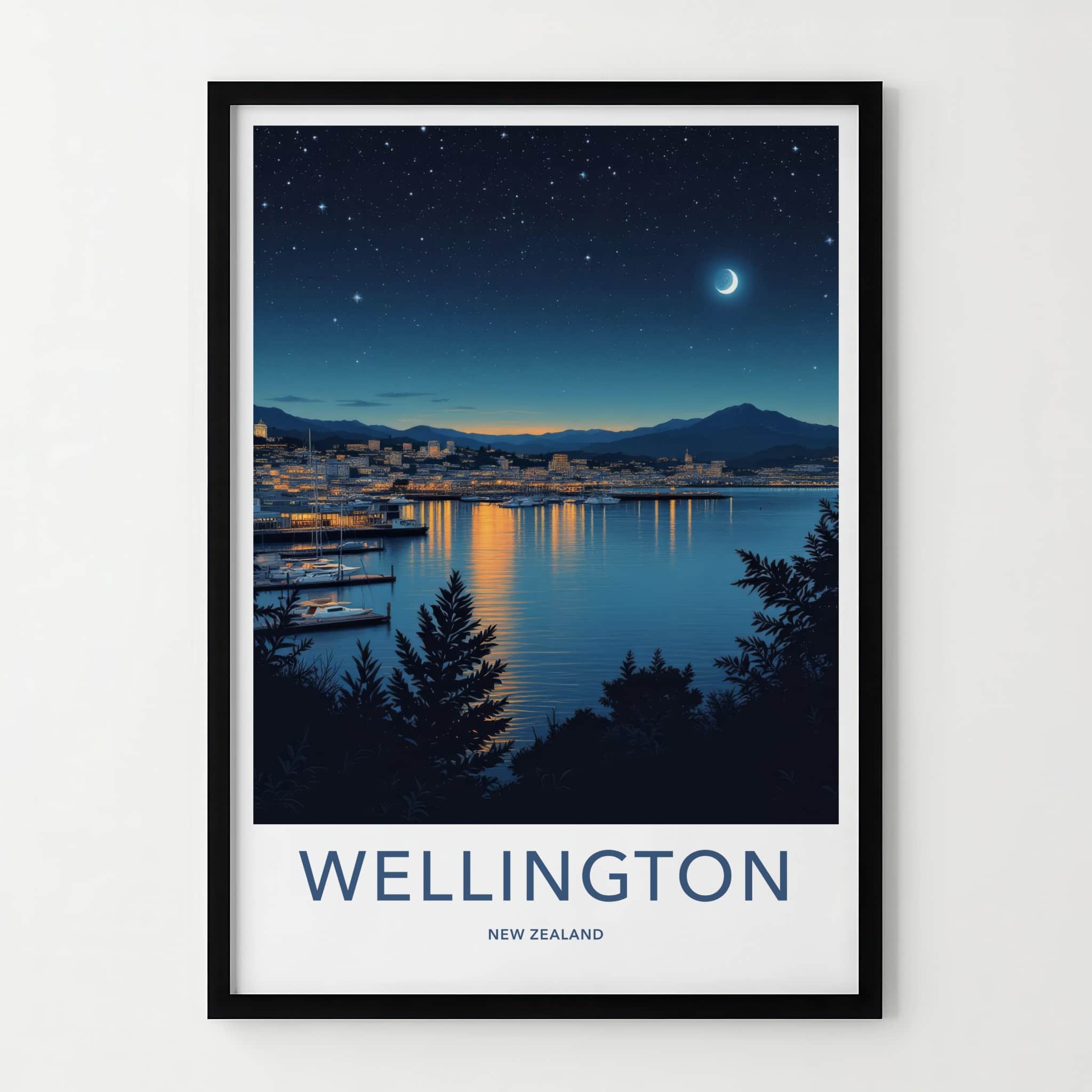 Wellington Poster - New Zealand Travel Art - Night Harbor City Home Decor