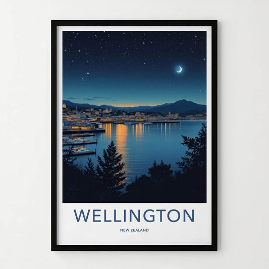 Wellington Poster - New Zealand Travel Art - Night Harbor City Home Decor