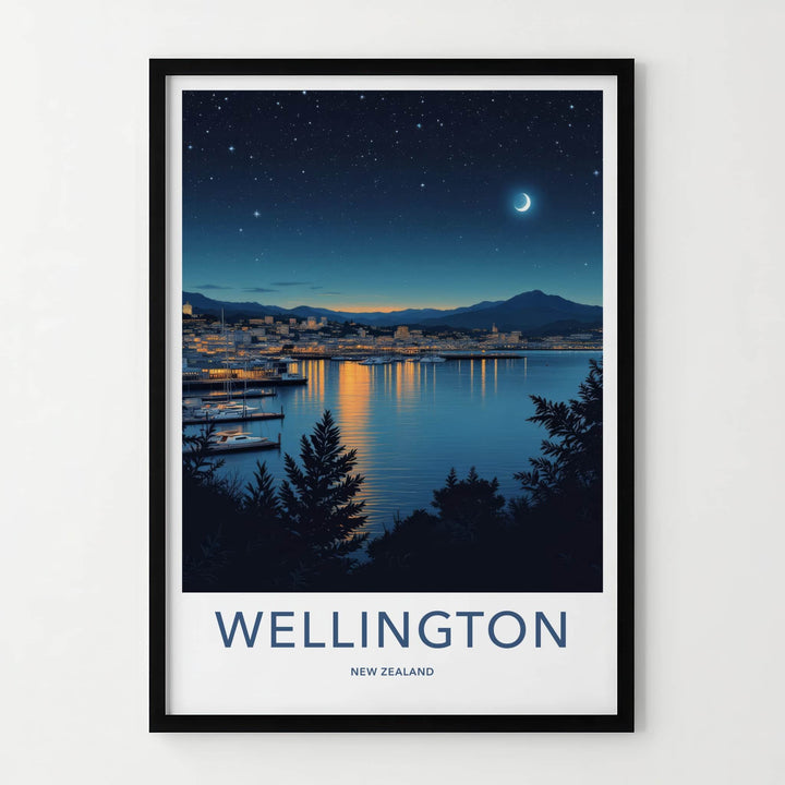 Wellington Poster - New Zealand Travel Art - Night Harbor City Home Decor