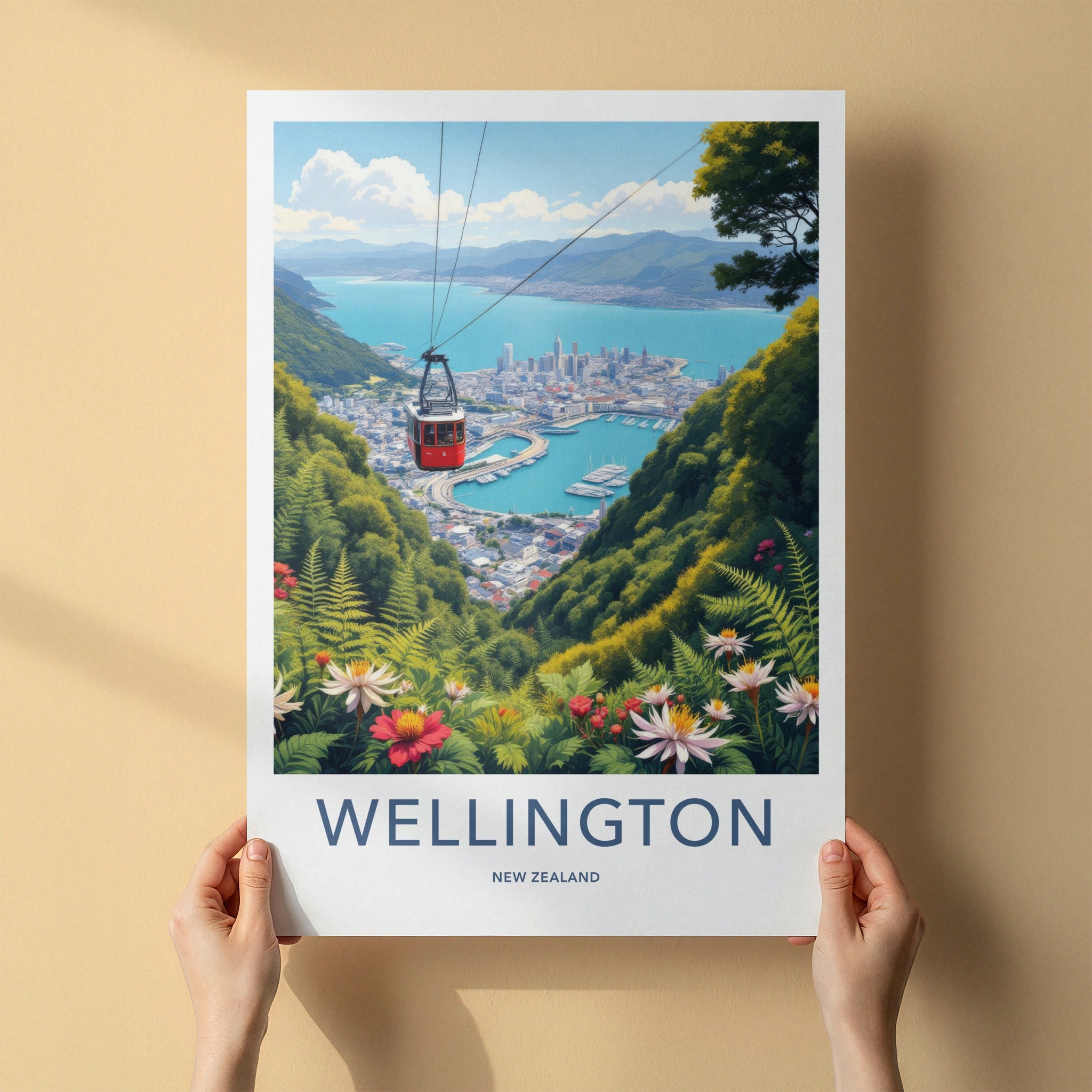 Wellington Poster - New Zealand Travel Art - Red Cable Car Cityscape Home Decor