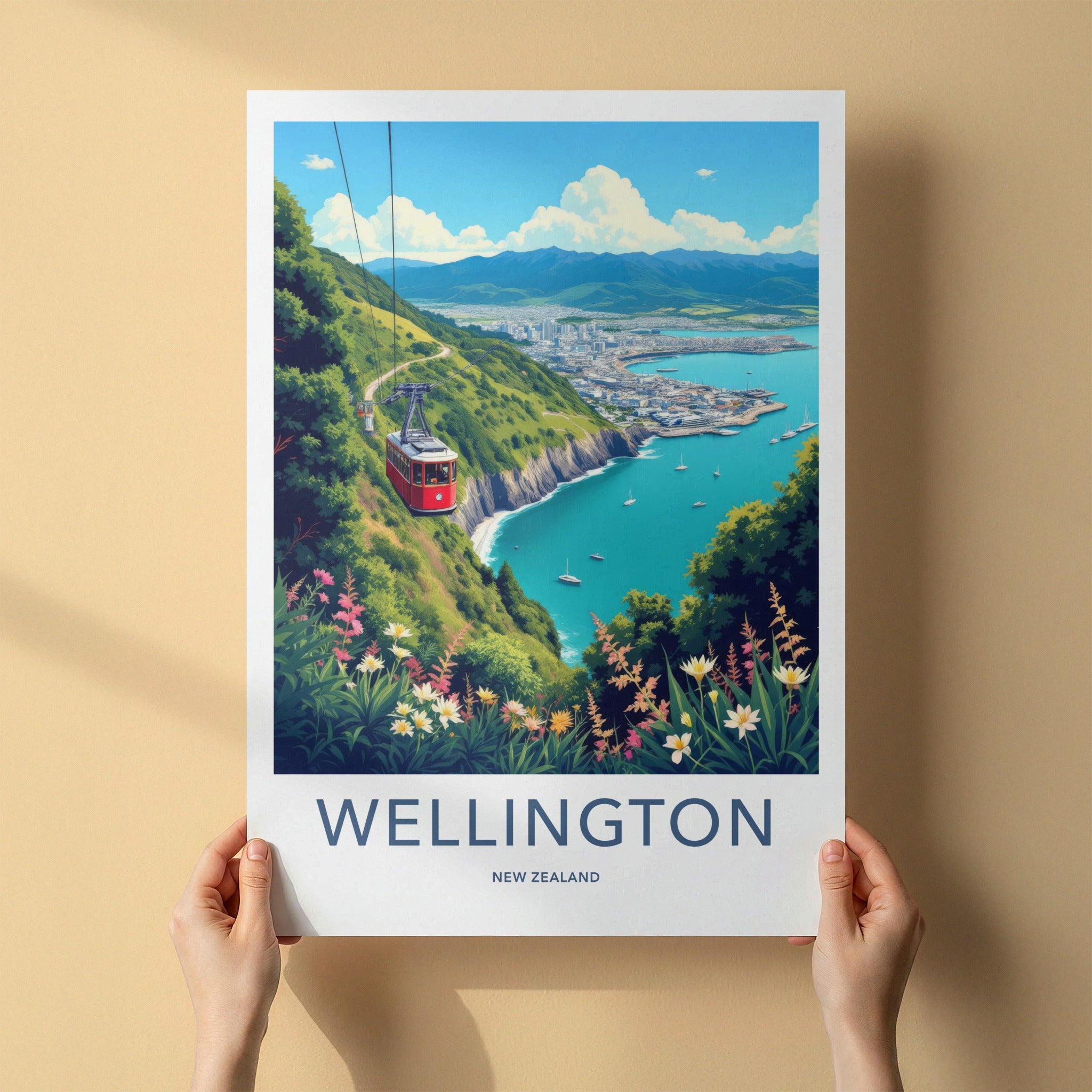 Wellington Poster - New Zealand Travel Art - Red Cable Car Home Decor
