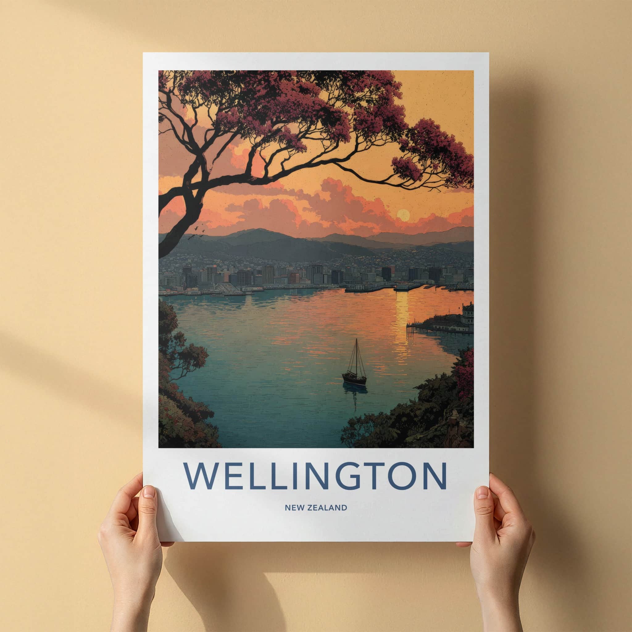 Wellington Poster - New Zealand Travel Art - Sunset Harbor City Home Decor