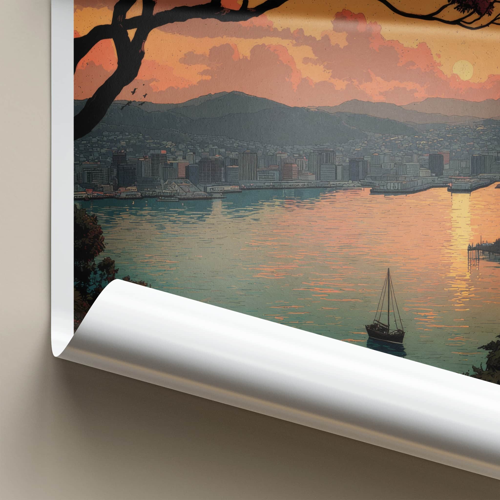 Wellington Poster - New Zealand Travel Art - Sunset Harbor City Home Decor