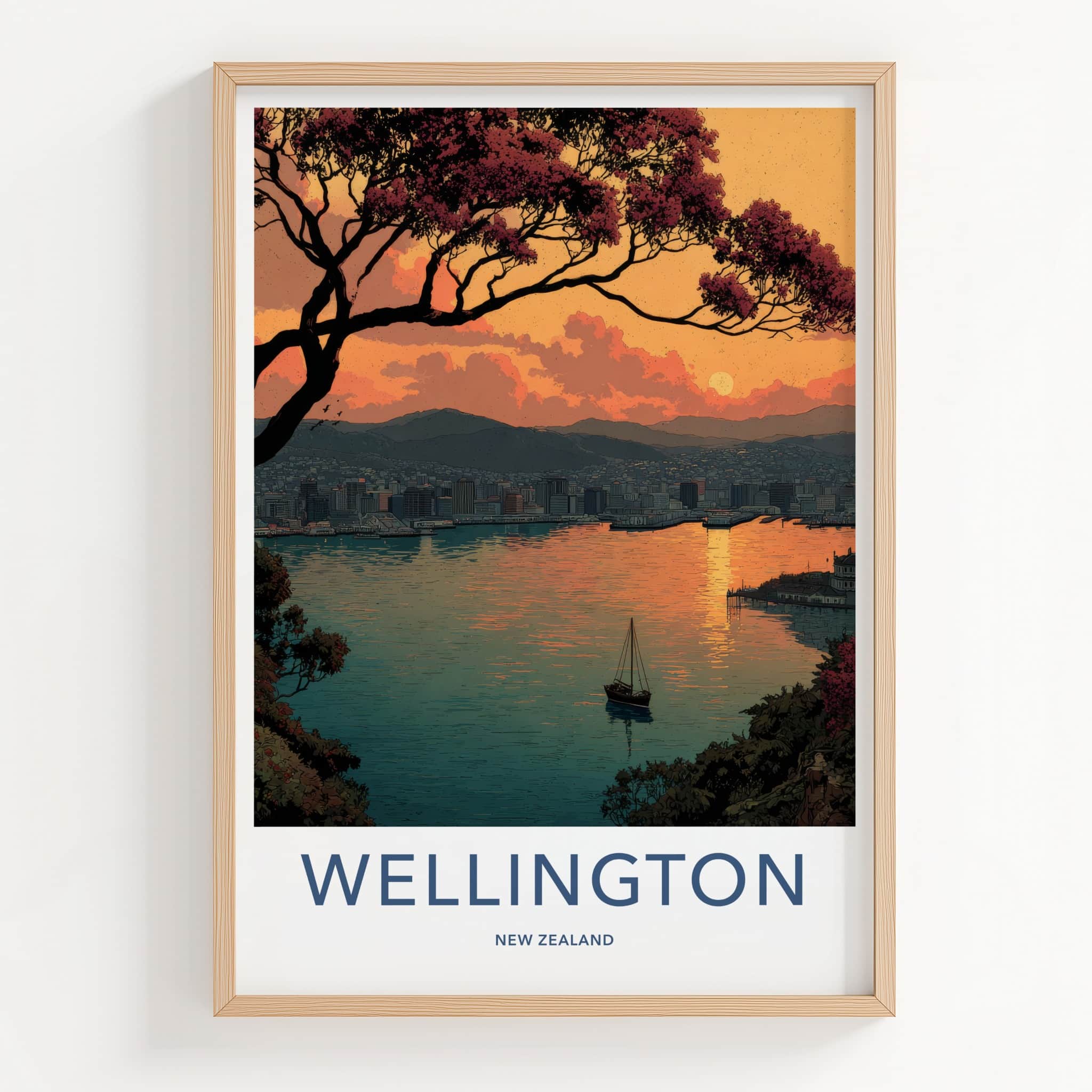 Wellington Poster - New Zealand Travel Art - Sunset Harbor City Home Decor