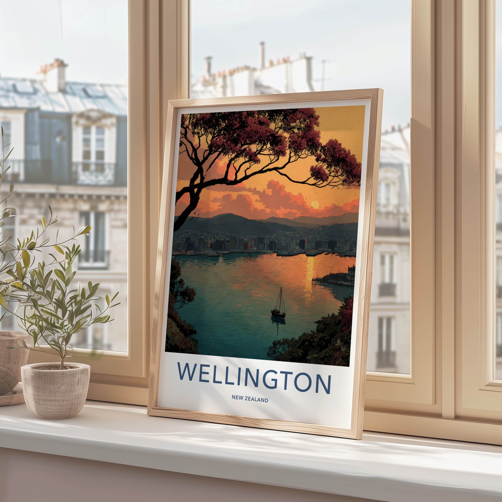 Wellington Poster - New Zealand Travel Art - Sunset Harbor City Home Decor
