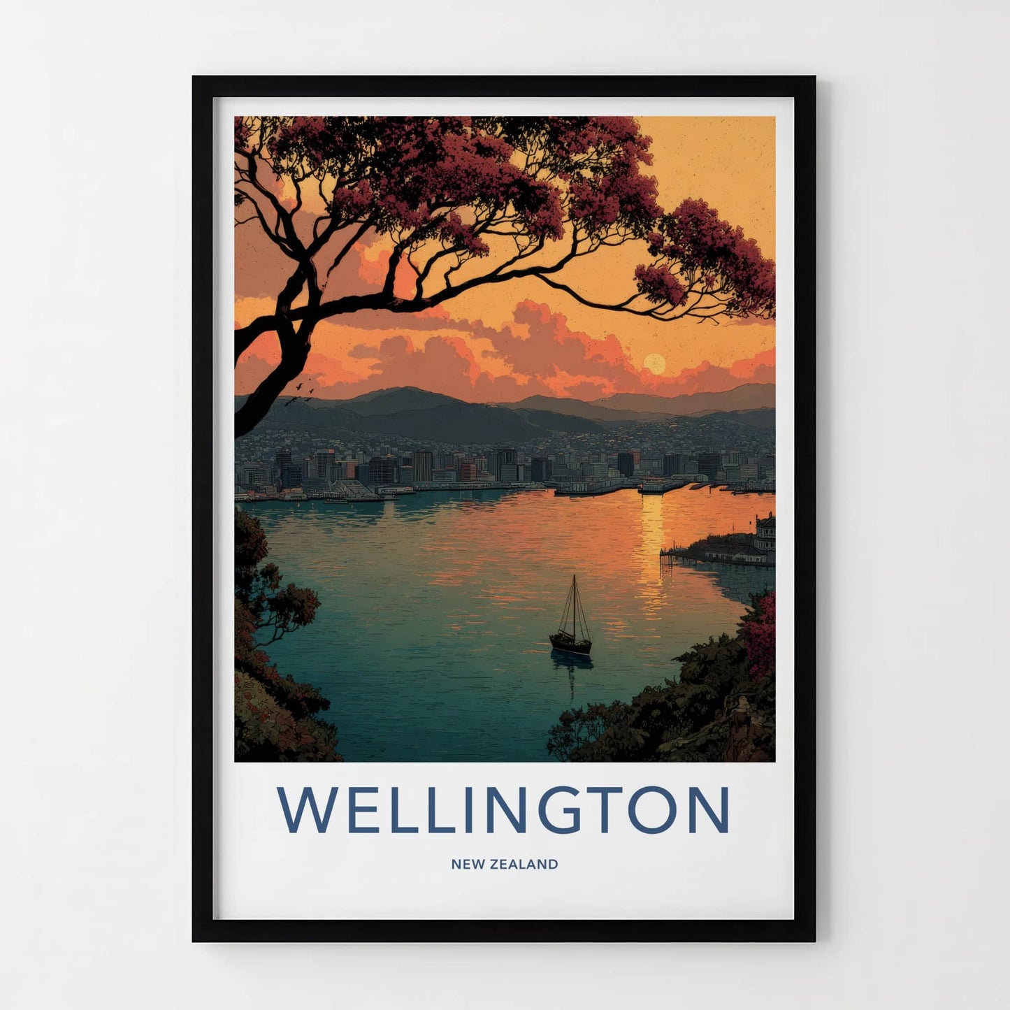 Wellington Poster - New Zealand Travel Art - Sunset Harbor City Home Decor