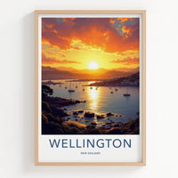 Wellington Poster - New Zealand Travel Art - Sunset Harbor Sailboats Home Decor