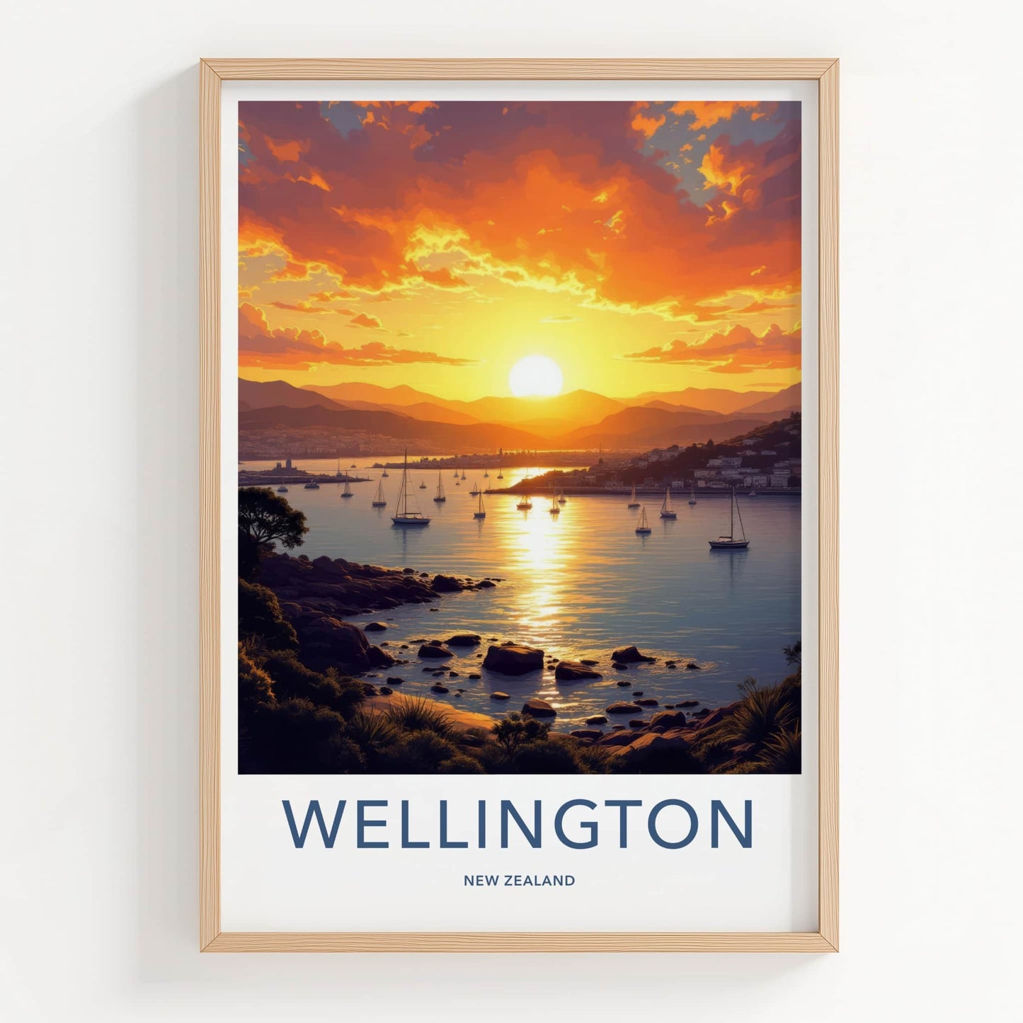 Wellington Poster - New Zealand Travel Art - Sunset Harbor Sailboats Home Decor